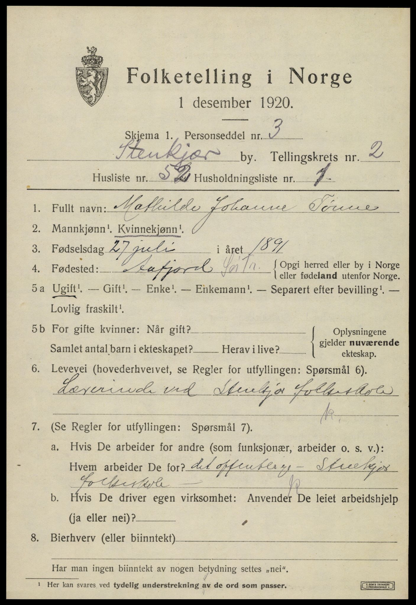 SAT, 1920 census for Steinkjer, 1920, p. 5252