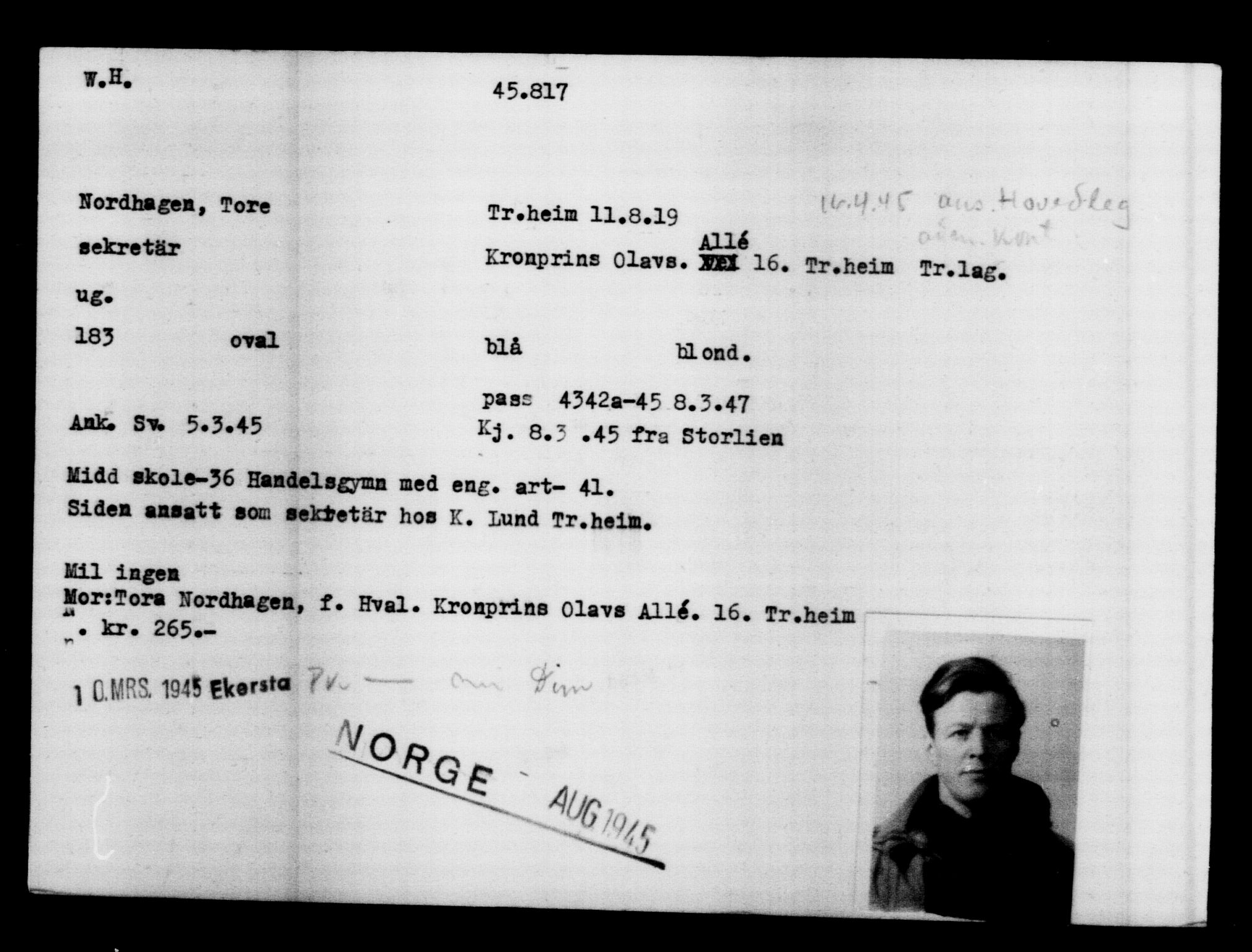 Utenriksstasjonene, Legasjonen i Stockholm, Flyktningkontoret, AV/RA-S-6753/V/Va/L0017: Kjesäterkartoteket, flyktninger med registreringsnr. 43400-46318, 1940-1945, p. 2505