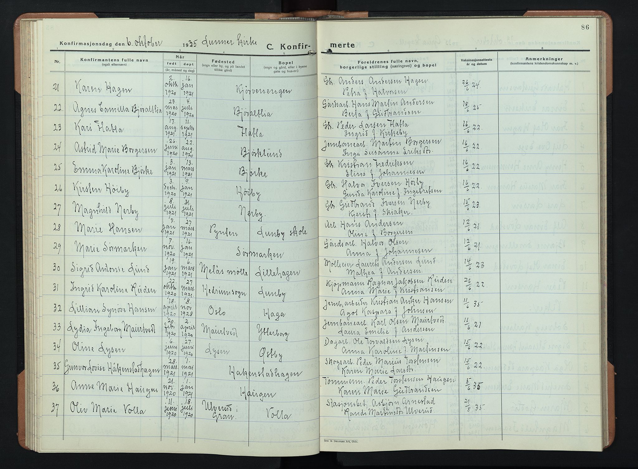 Lunner prestekontor, AV/SAH-PREST-118/H/Ha/Hab/L0003: Parish register (copy) no. 3, 1933-1945, p. 86