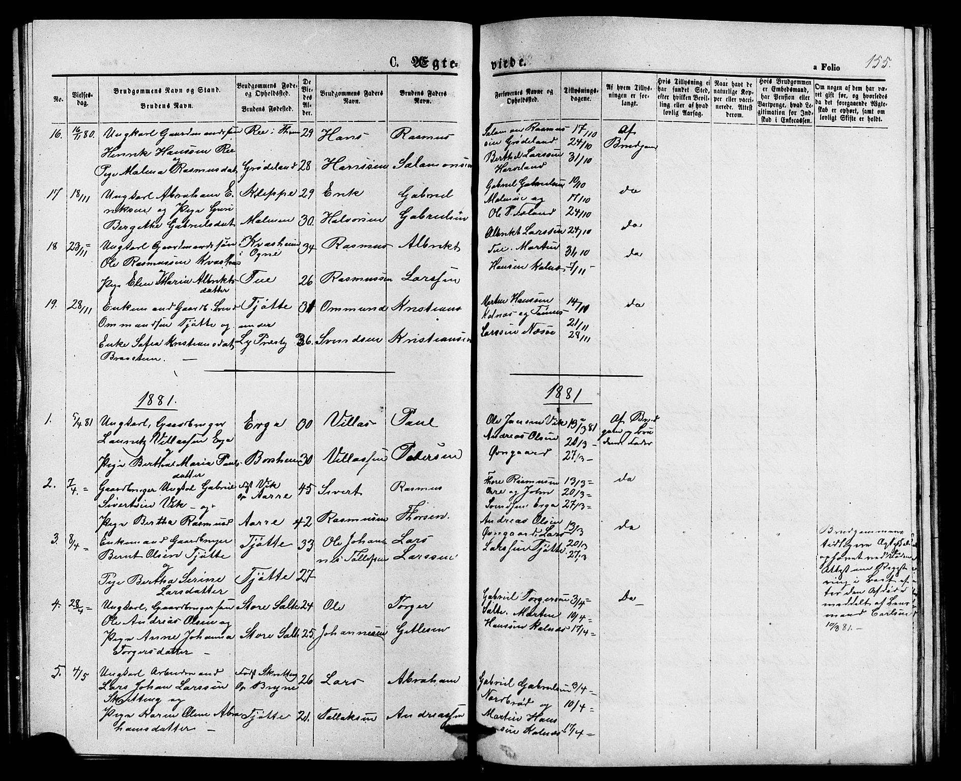 Klepp sokneprestkontor, SAST/A-101803/001/3/30BB/L0003: Parish register (copy) no. B 3, 1876-1888, p. 155
