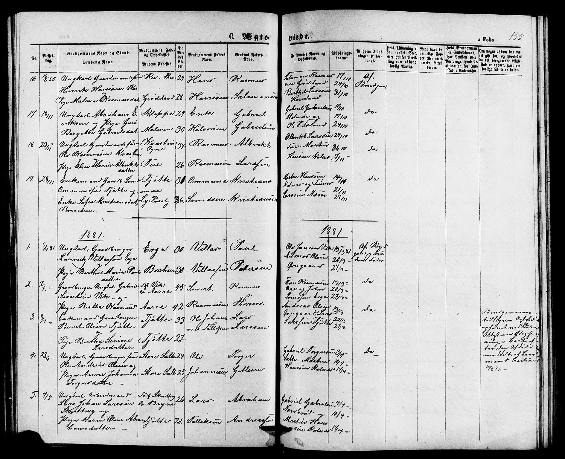 Klepp sokneprestkontor, AV/SAST-A-101803/001/3/30BB/L0003: Parish register (copy) no. B 3, 1876-1888, p. 155