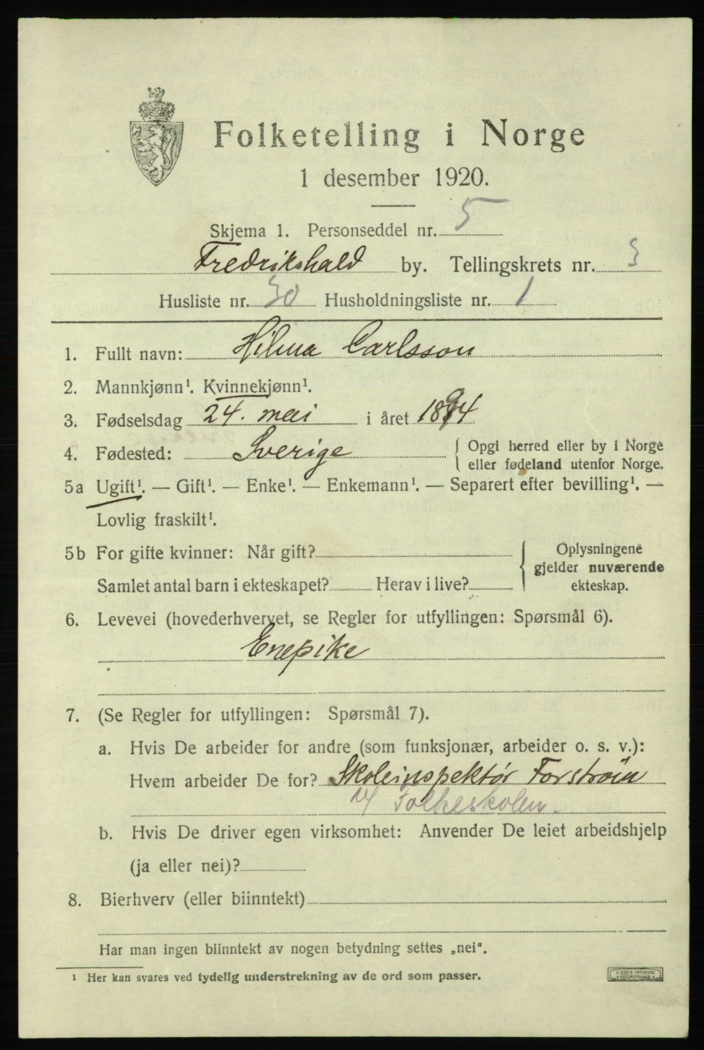 SAO, 1920 census for Fredrikshald, 1920, p. 11100