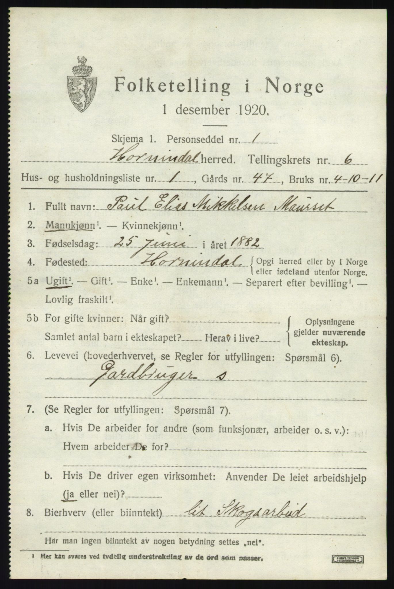 SAB, 1920 census for Hornindal, 1920, p. 3130