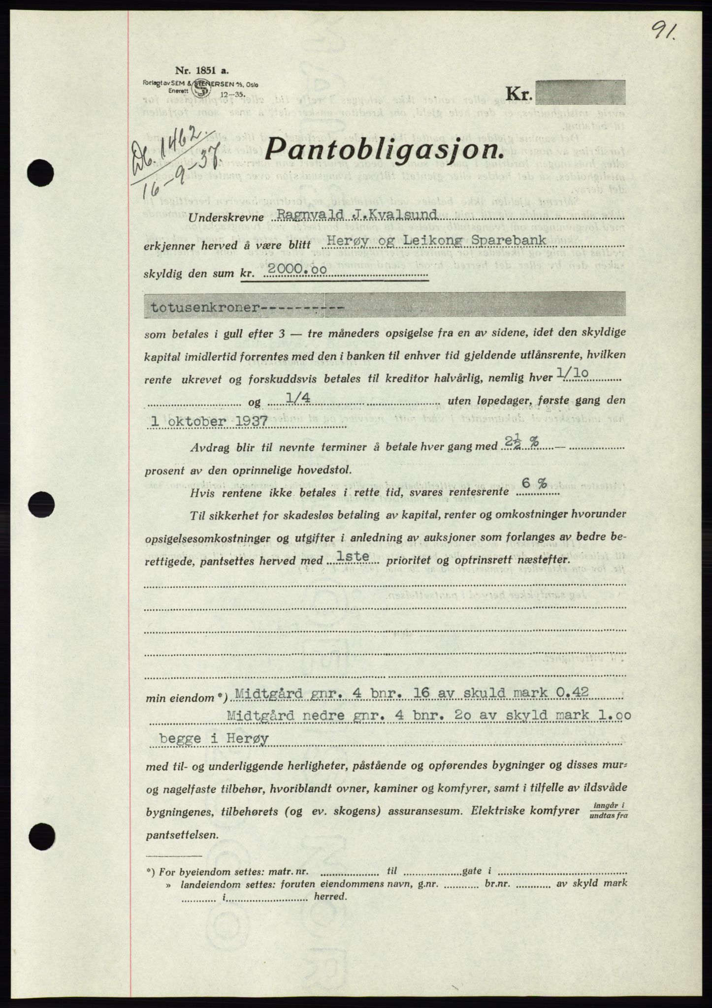 Søre Sunnmøre sorenskriveri, AV/SAT-A-4122/1/2/2C/L0064: Mortgage book no. 58, 1937-1938, Diary no: : 1462/1937