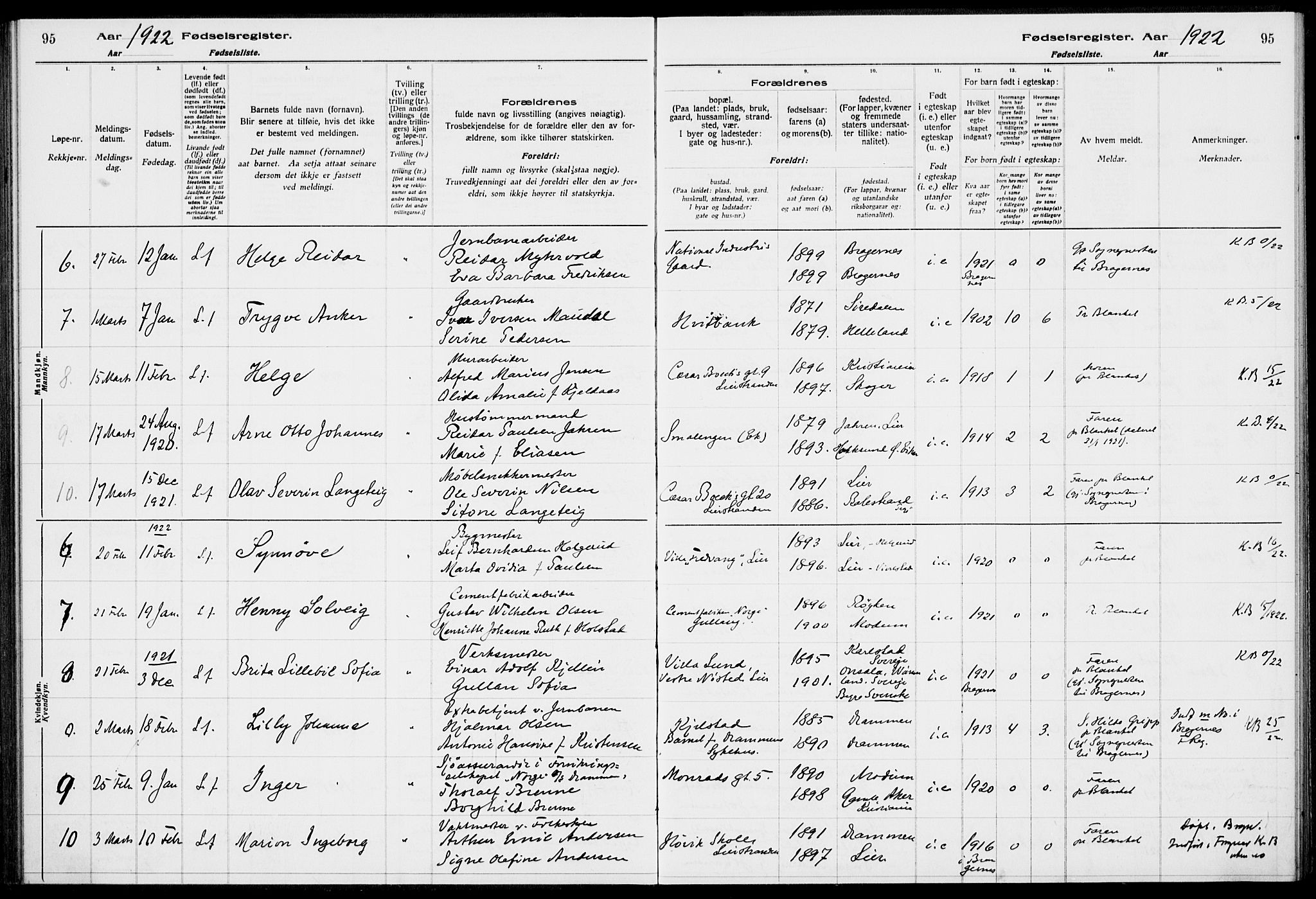 Lier kirkebøker, AV/SAKO-A-230/J/Ja/L0001: Birth register no. 1, 1916-1928, p. 95