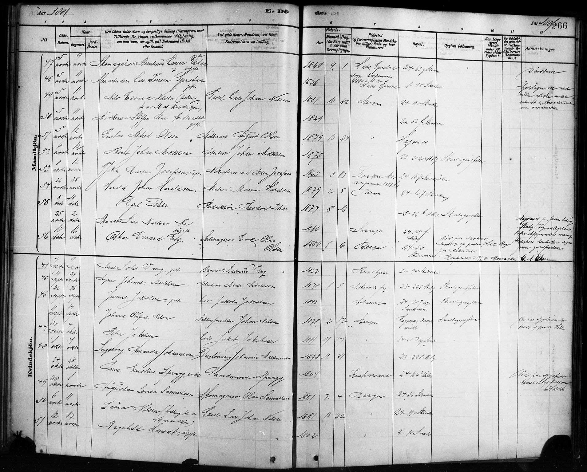 Sandviken Sokneprestembete, SAB/A-77601/H/Ha/L0002: Parish register (official) no. A 2, 1878-1896, p. 266