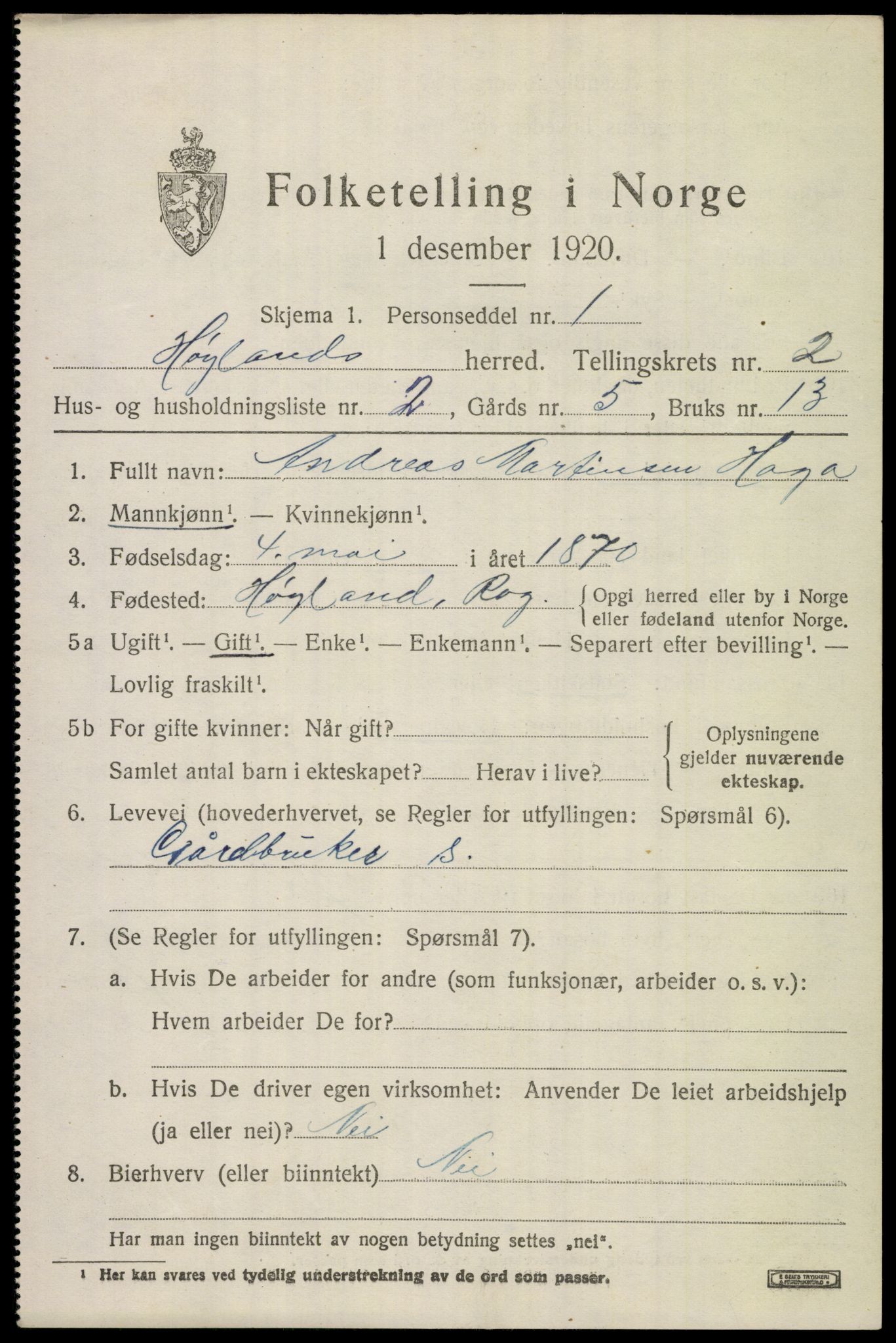 SAST, 1920 census for Høyland, 1920, p. 2678