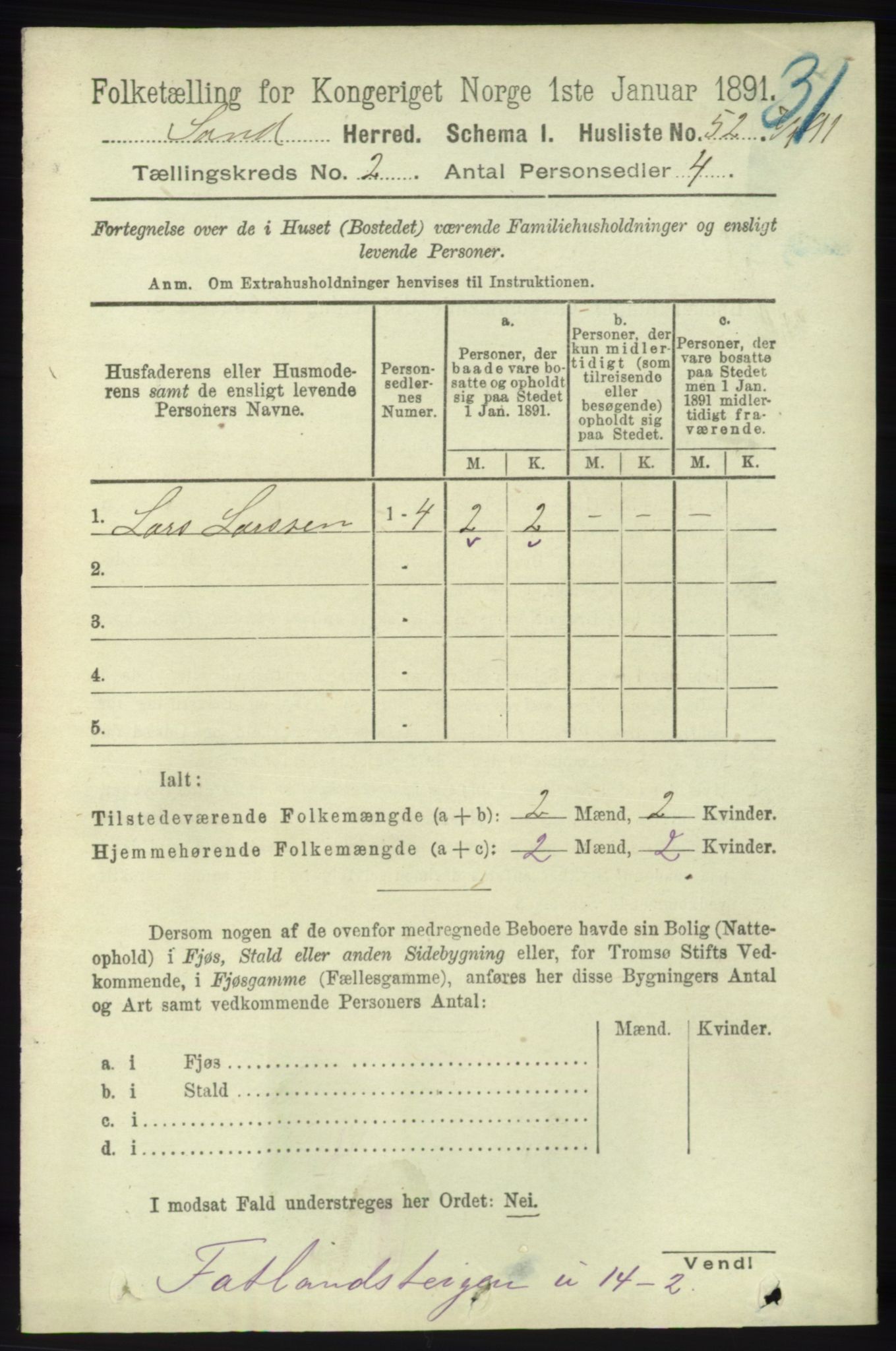 RA, 1891 census for 1136 Sand, 1891, p. 335