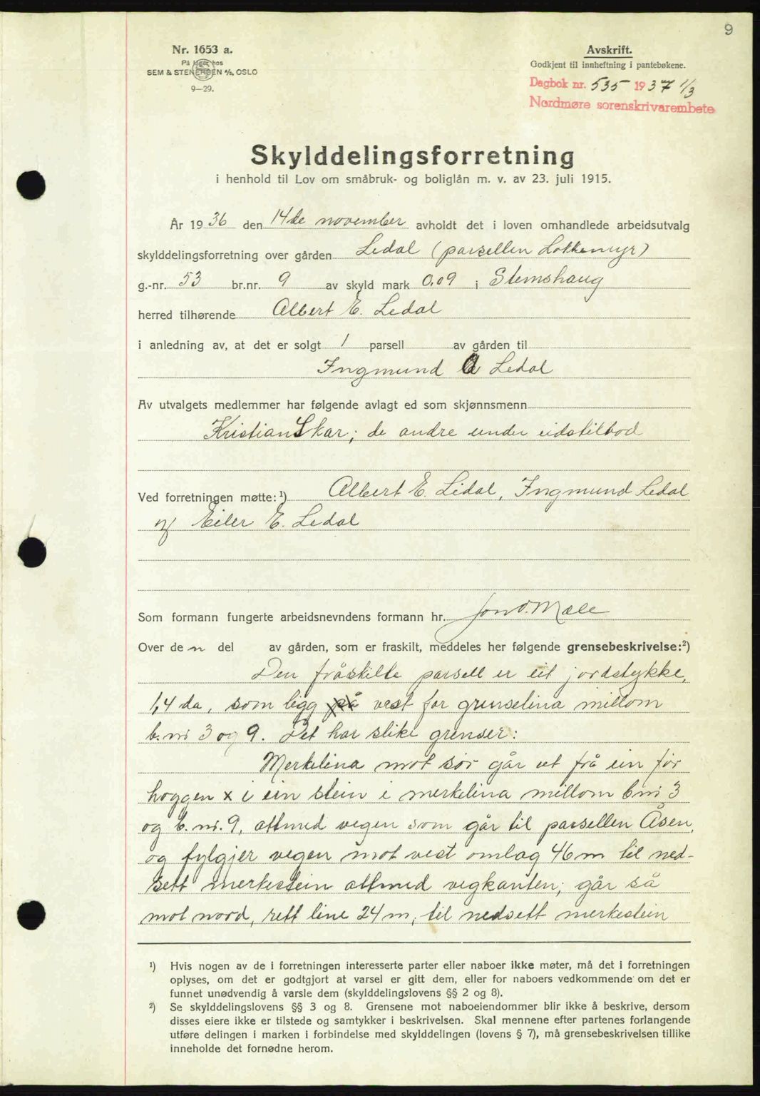 Nordmøre sorenskriveri, AV/SAT-A-4132/1/2/2Ca: Mortgage book no. A81, 1937-1937, Diary no: : 535/1937