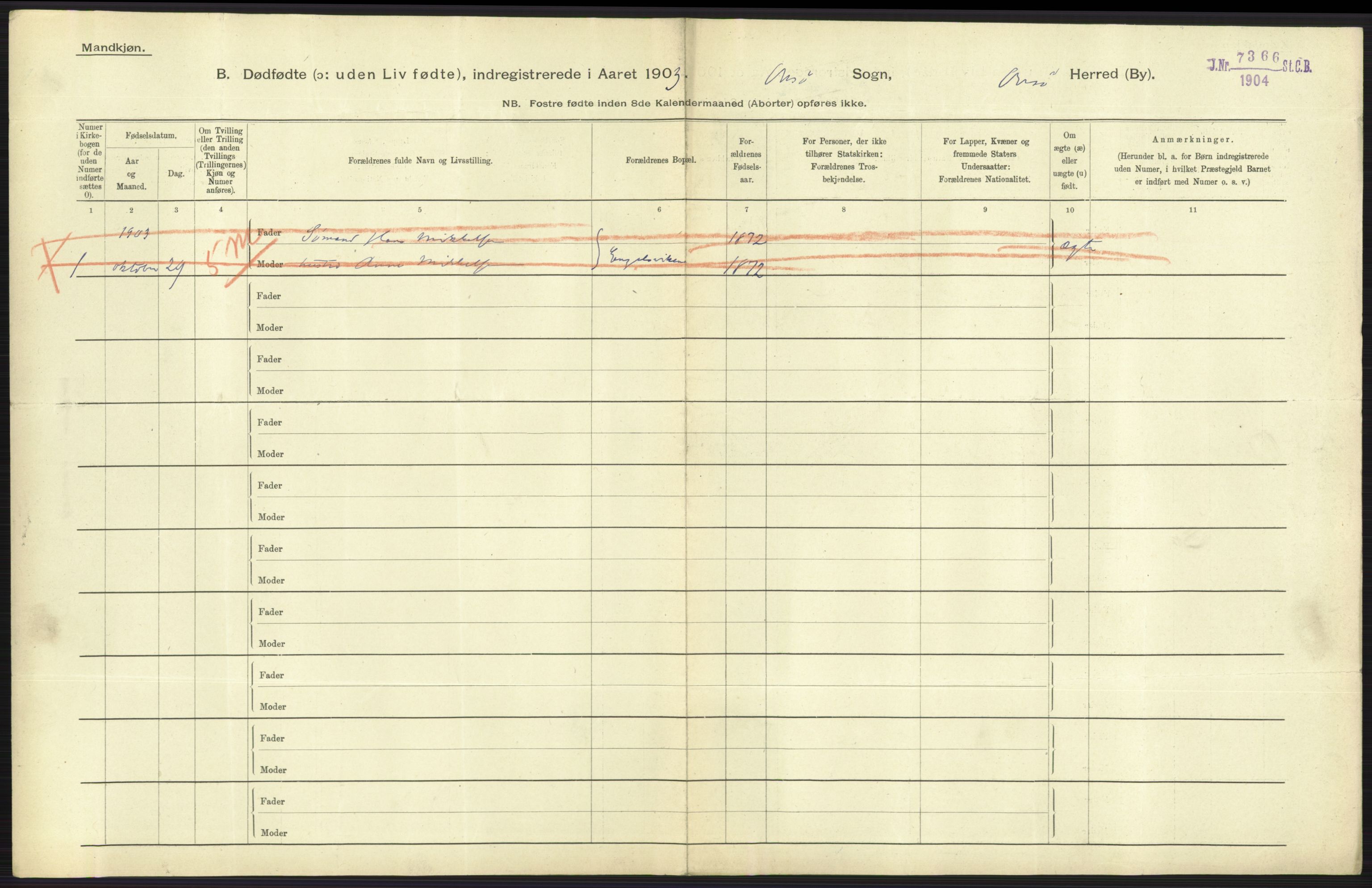 Statistisk sentralbyrå, Sosiodemografiske emner, Befolkning, AV/RA-S-2228/D/Df/Dfa/Dfaa/L0024: Smålenenes - Stavanger amt: Dødfødte. Bygder., 1903, p. 43