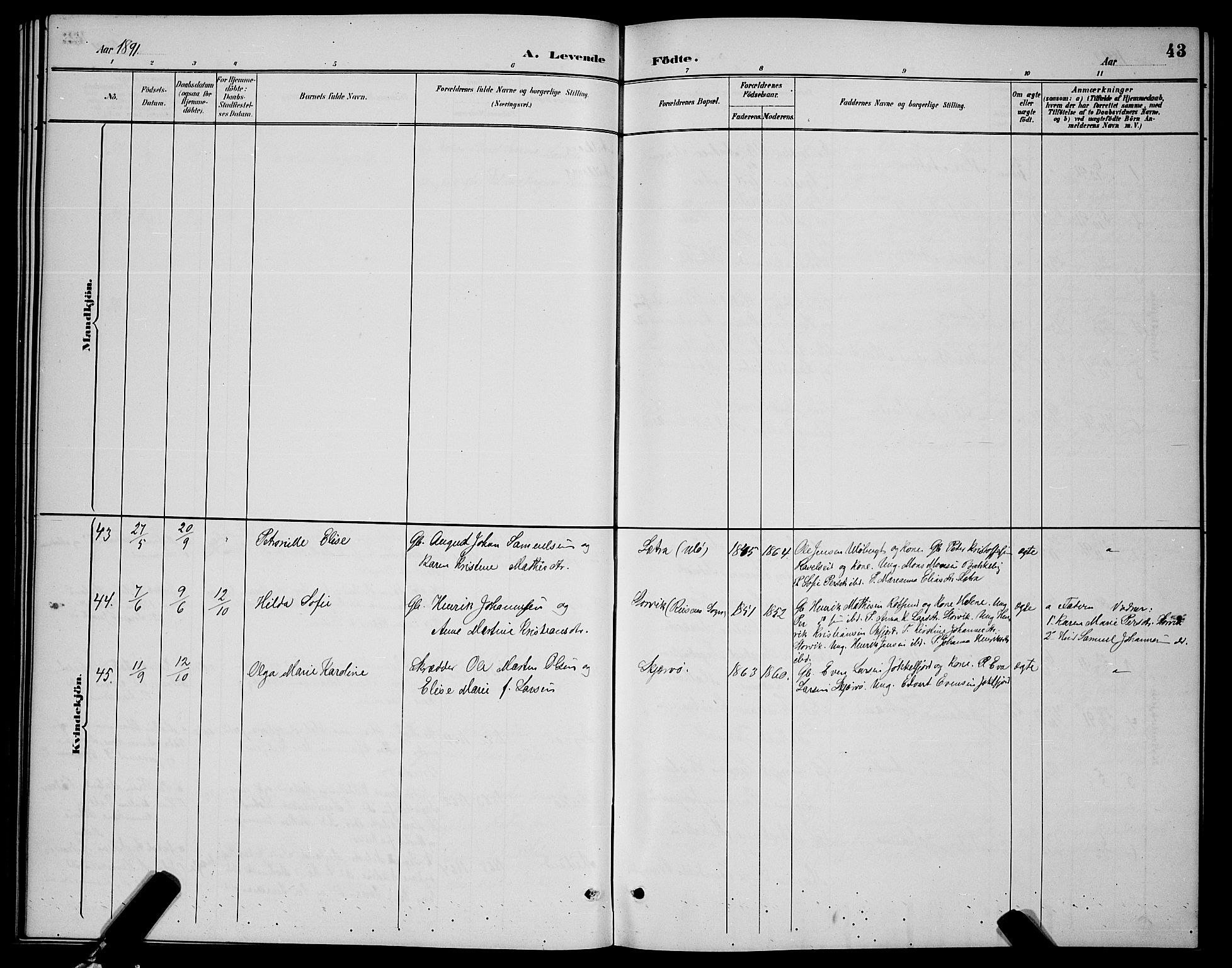 Skjervøy sokneprestkontor, AV/SATØ-S-1300/H/Ha/Hab/L0007klokker: Parish register (copy) no. 7, 1889-1899, p. 43