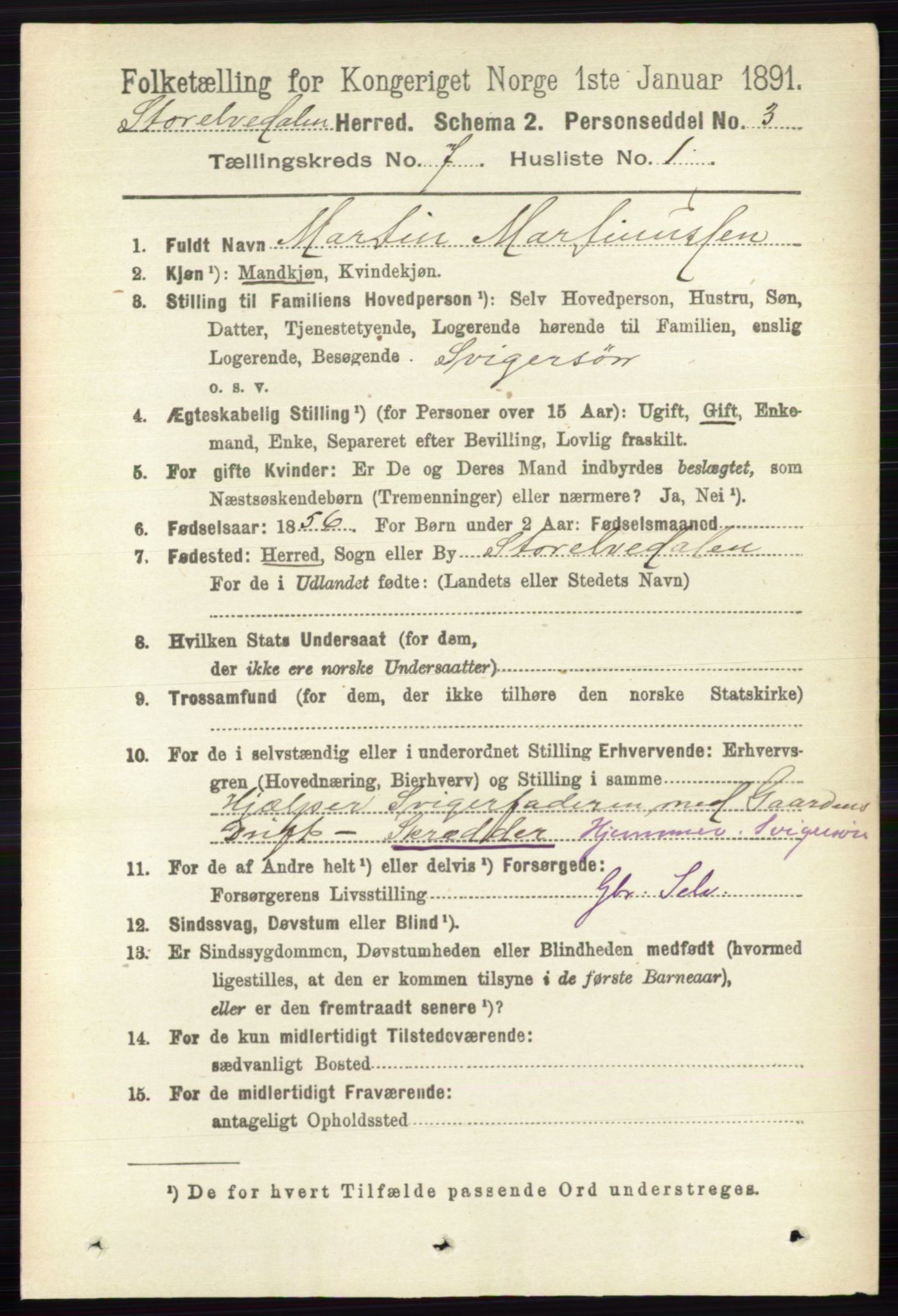 RA, 1891 census for 0430 Stor-Elvdal, 1891, p. 2650