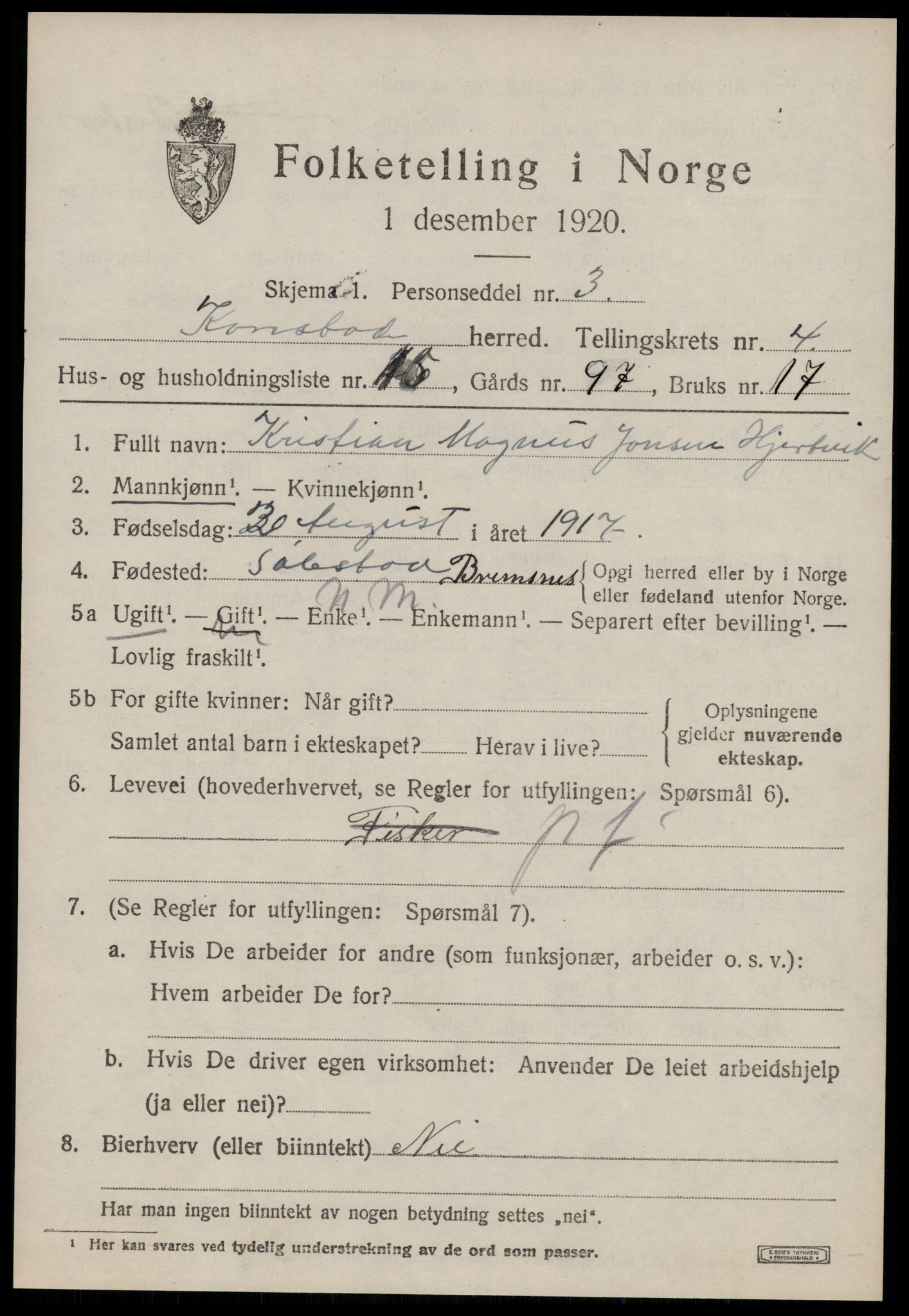 SAT, 1920 census for Kornstad, 1920, p. 2699