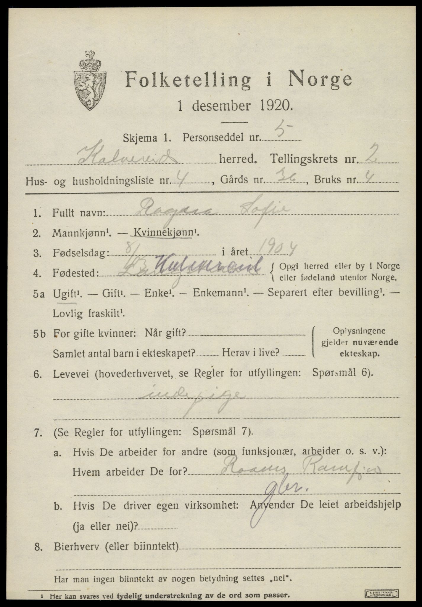 SAT, 1920 census for Kolvereid, 1920, p. 1539