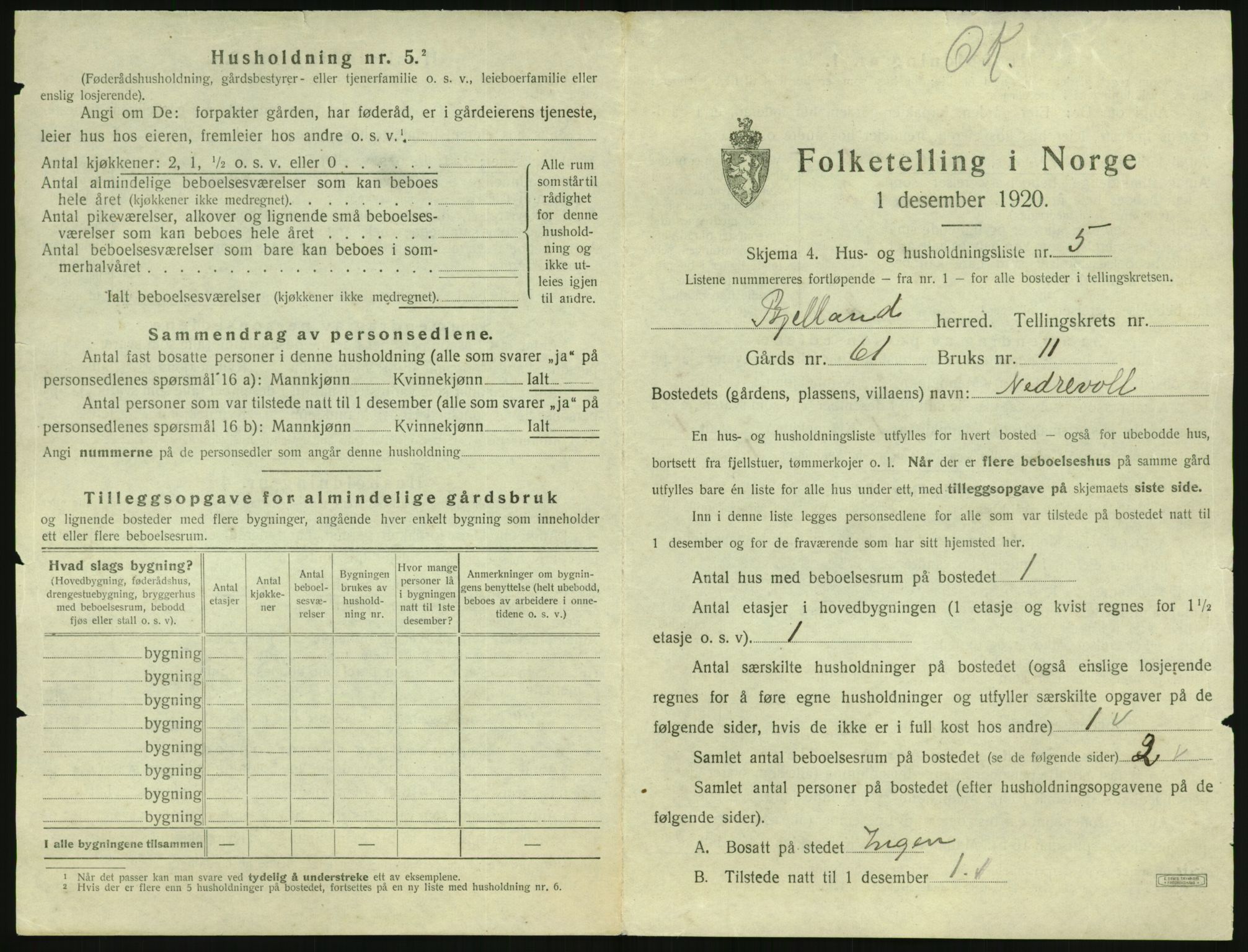 SAK, 1920 census for Bjelland, 1920, p. 47