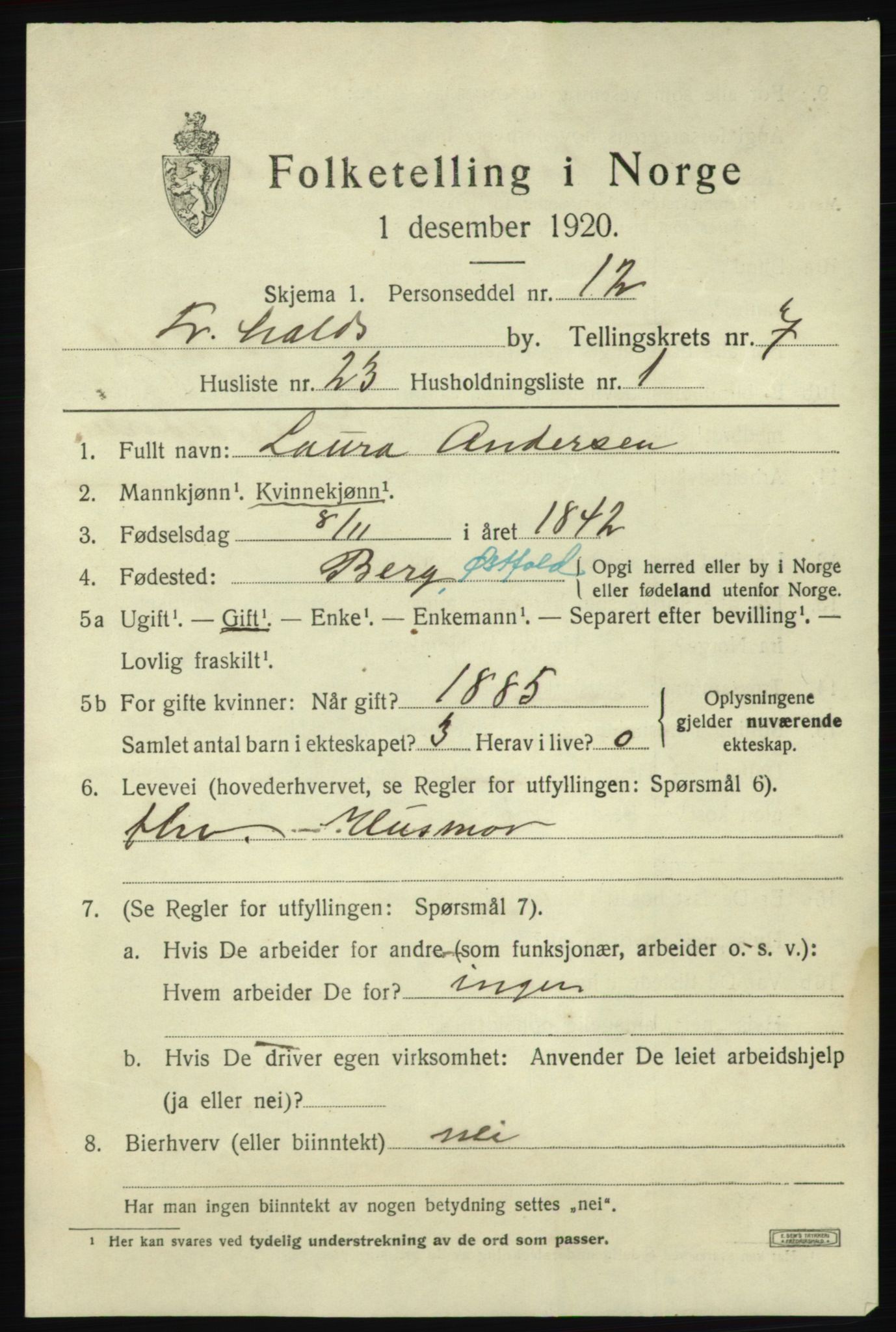 SAO, 1920 census for Fredrikshald, 1920, p. 14364
