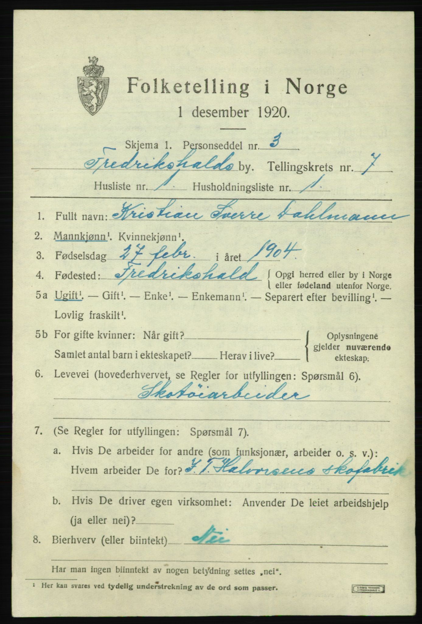 SAO, 1920 census for Fredrikshald, 1920, p. 13789