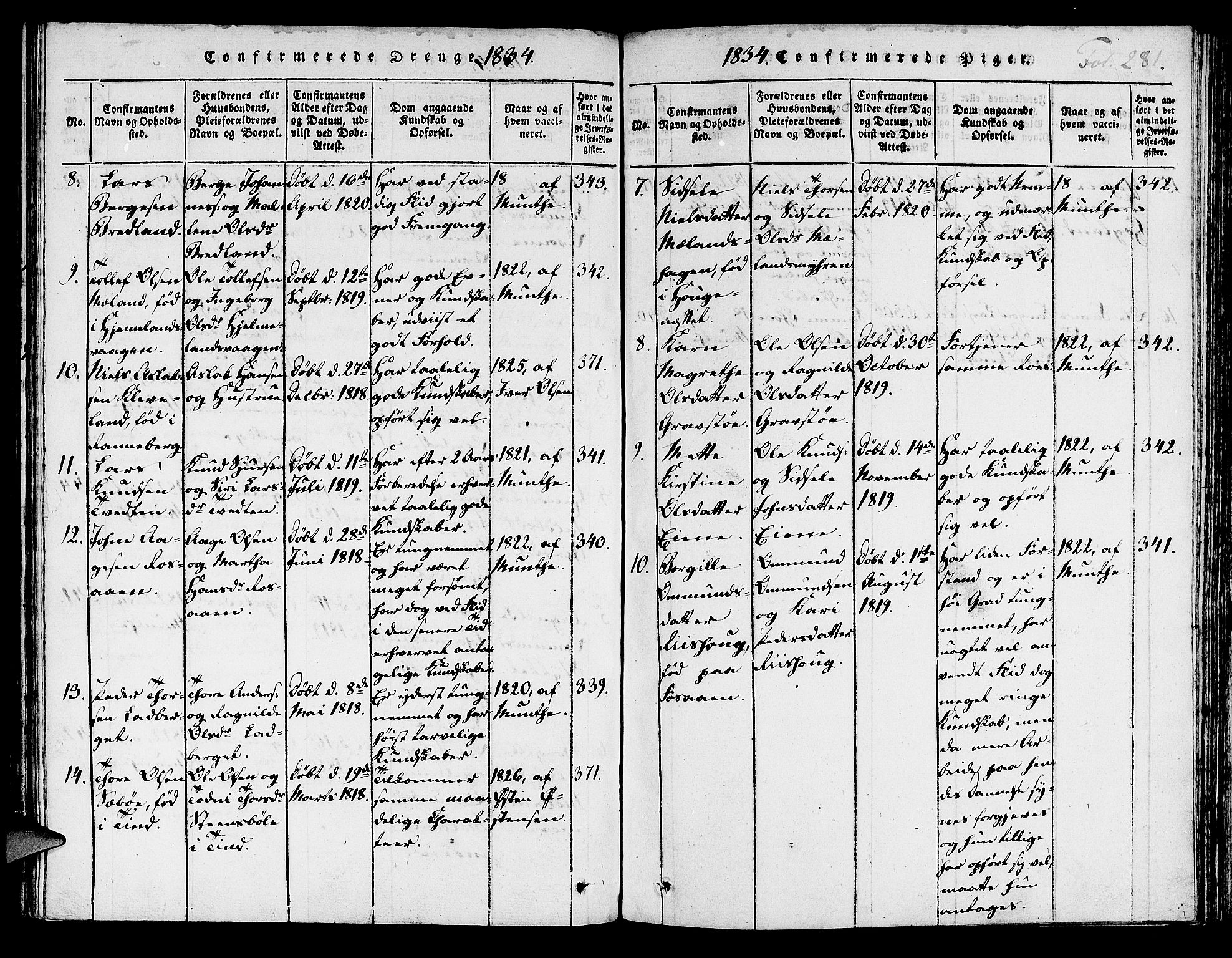 Hjelmeland sokneprestkontor, AV/SAST-A-101843/01/IV/L0003: Parish register (official) no. A 3, 1816-1834, p. 281