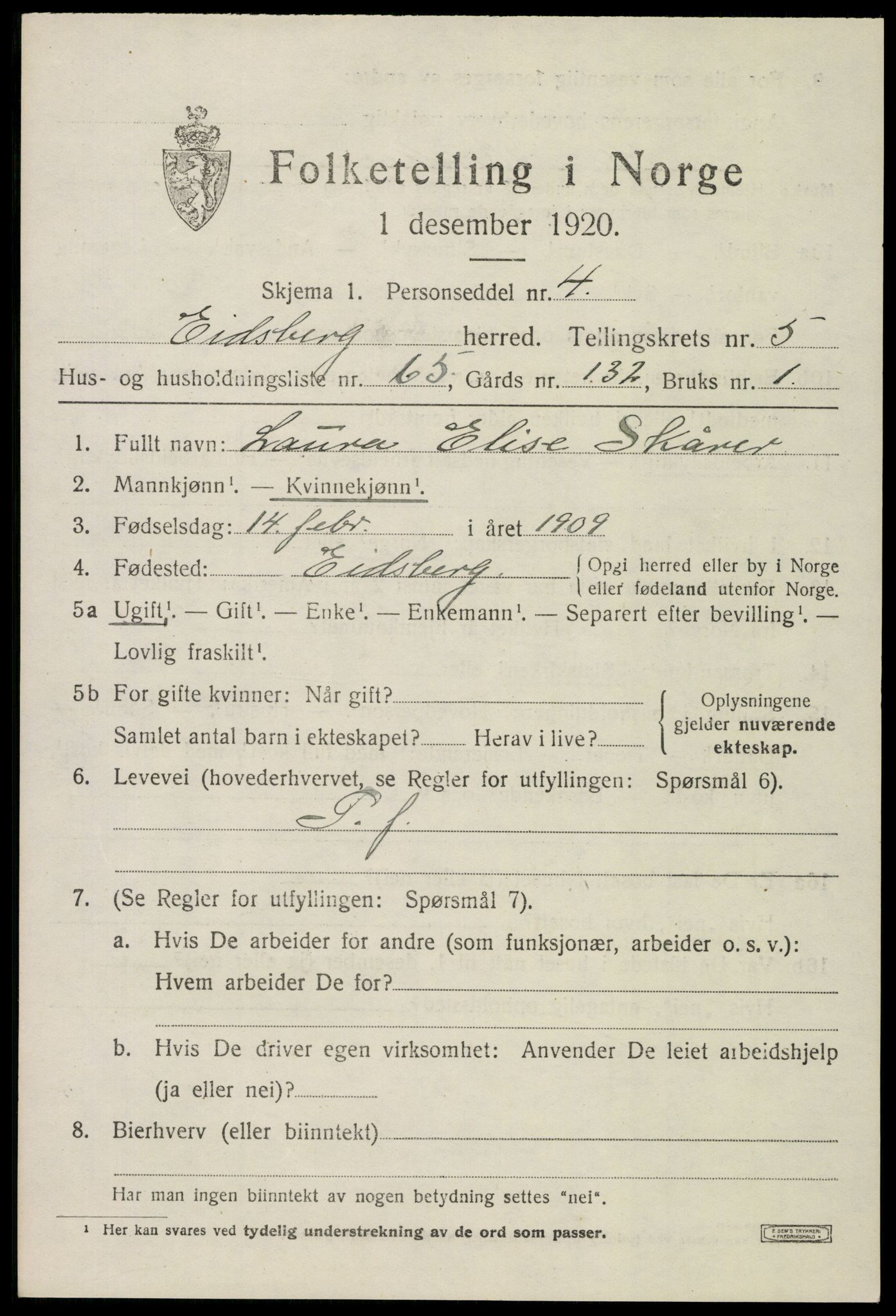 SAO, 1920 census for Eidsberg, 1920, p. 7469