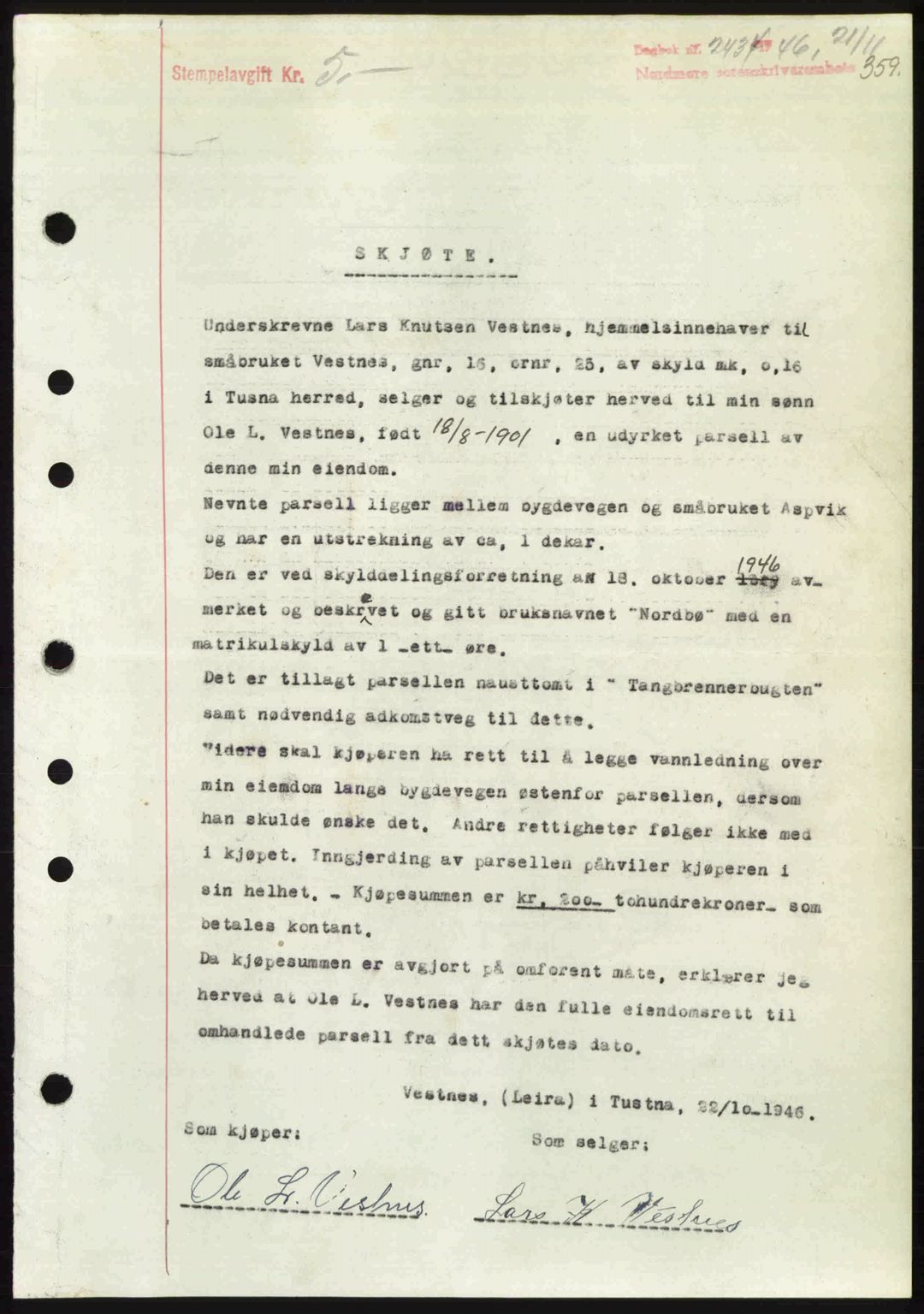 Nordmøre sorenskriveri, AV/SAT-A-4132/1/2/2Ca: Mortgage book no. A103, 1946-1947, Diary no: : 2434/1946