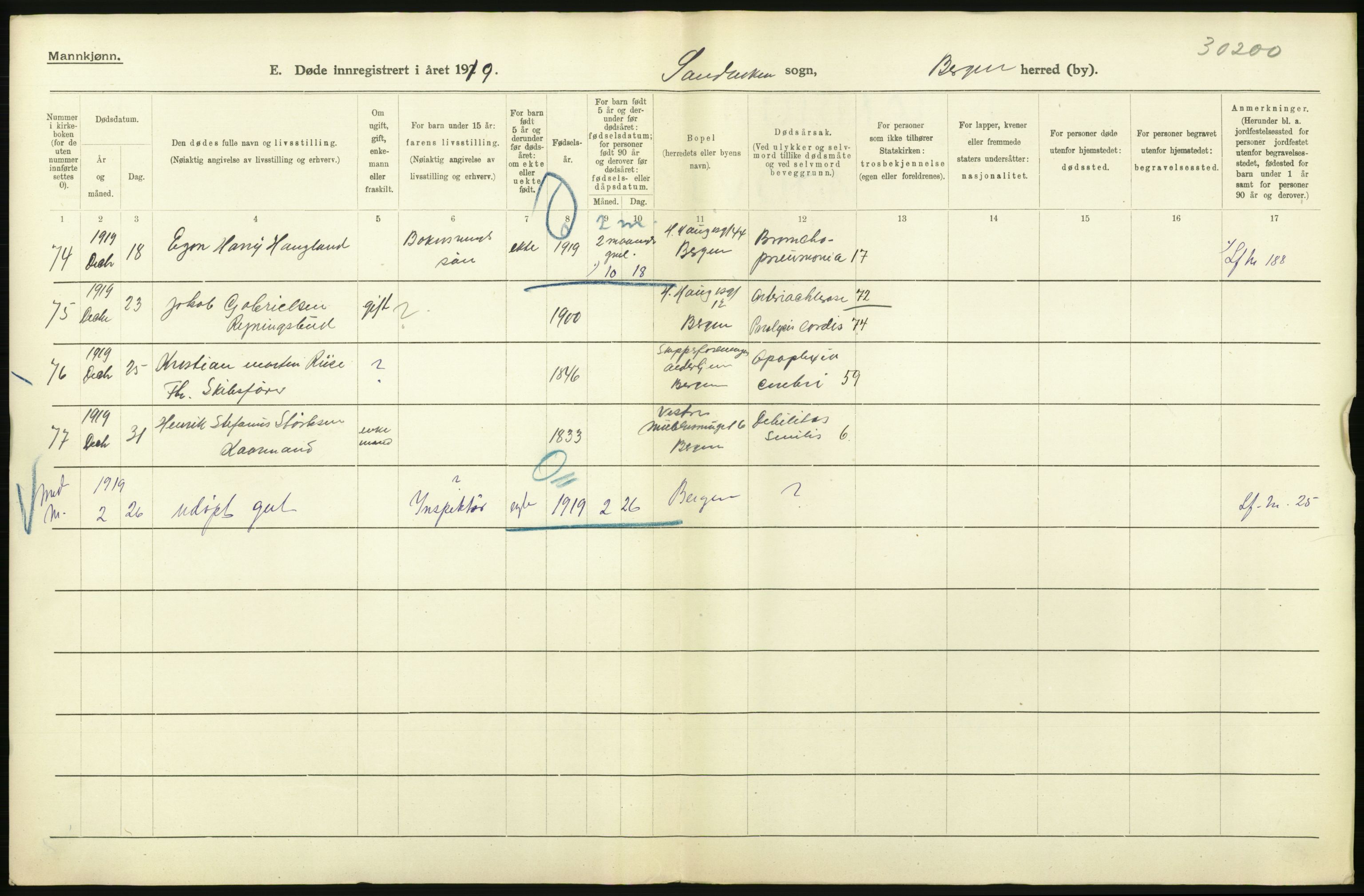 Statistisk sentralbyrå, Sosiodemografiske emner, Befolkning, RA/S-2228/D/Df/Dfb/Dfbi/L0035: Bergen: Gifte, døde, dødfødte., 1919, p. 530