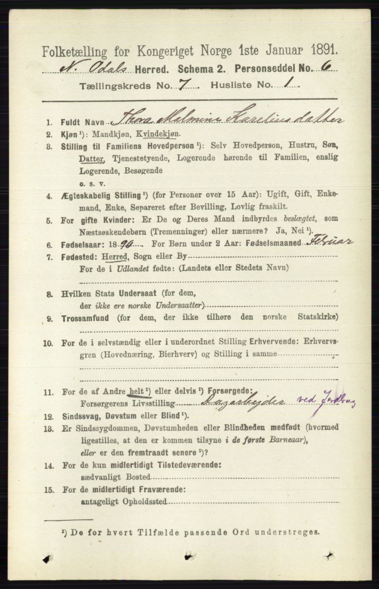 RA, 1891 census for 0418 Nord-Odal, 1891, p. 2841