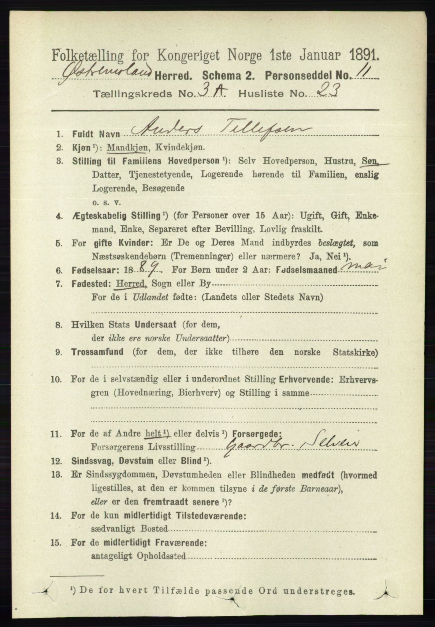 RA, 1891 census for 0918 Austre Moland, 1891, p. 1504