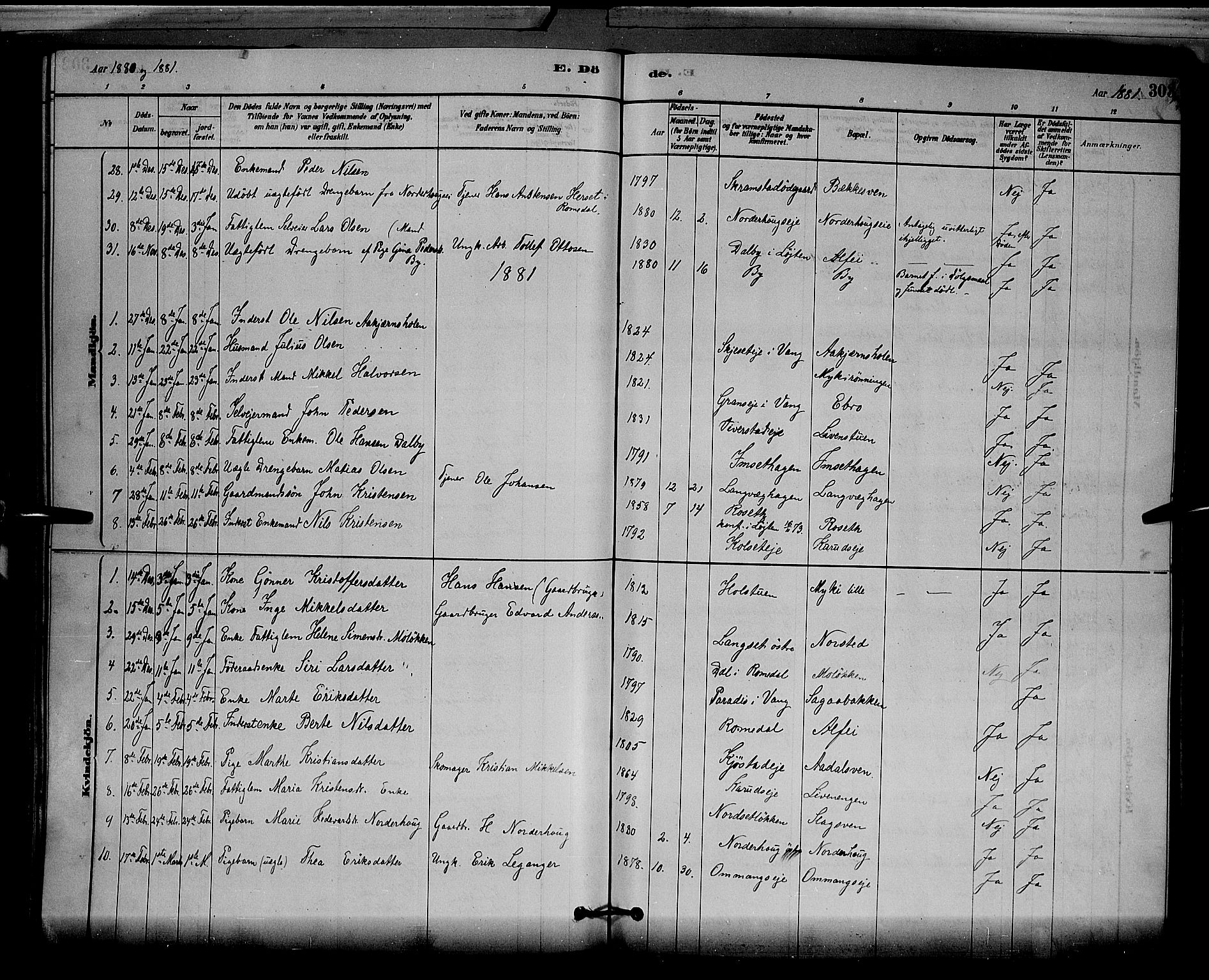 Løten prestekontor, SAH/PREST-022/L/La/L0005: Parish register (copy) no. 5, 1878-1891, p. 303