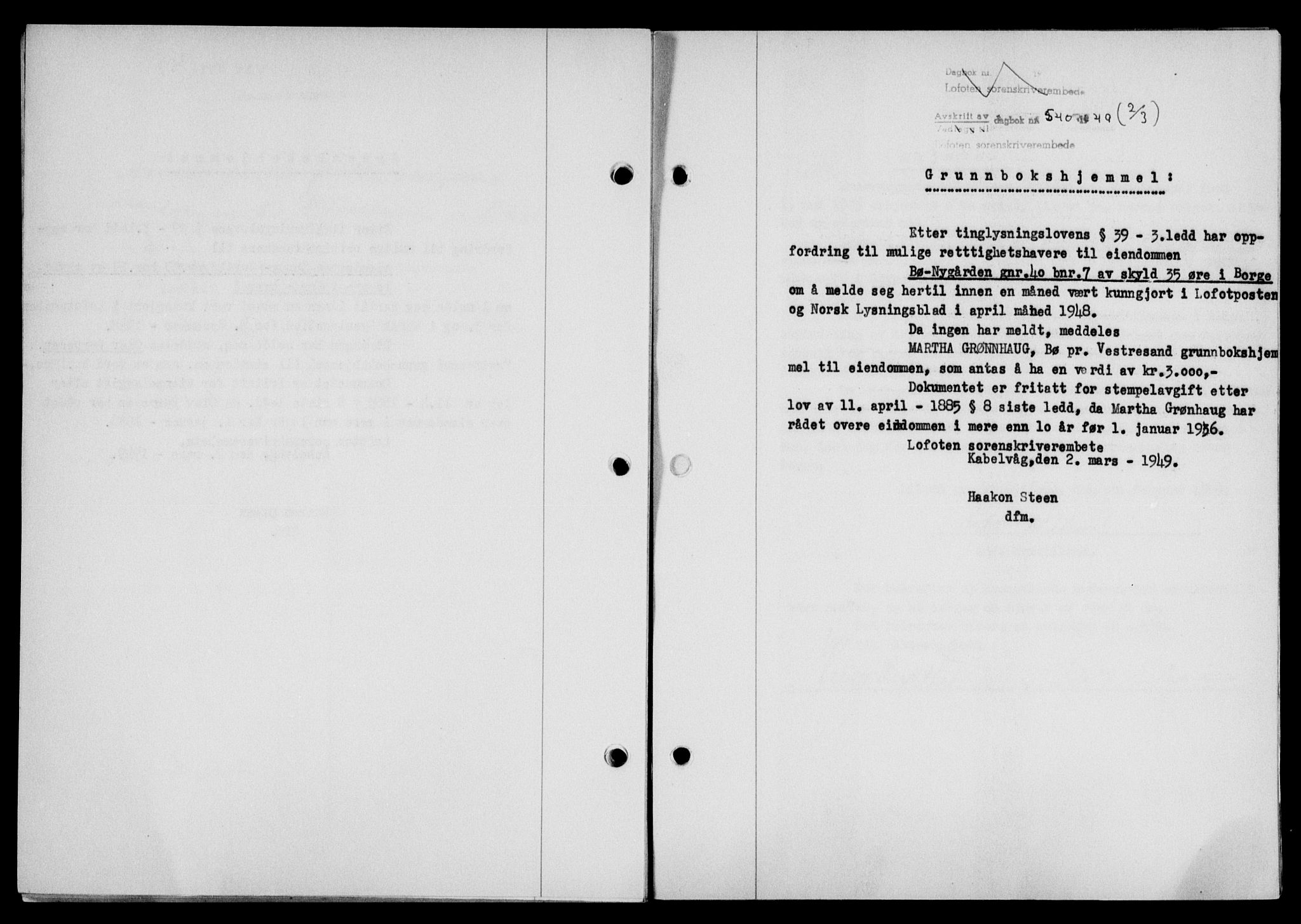 Lofoten sorenskriveri, SAT/A-0017/1/2/2C/L0020a: Mortgage book no. 20a, 1948-1949, Diary no: : 540/1949