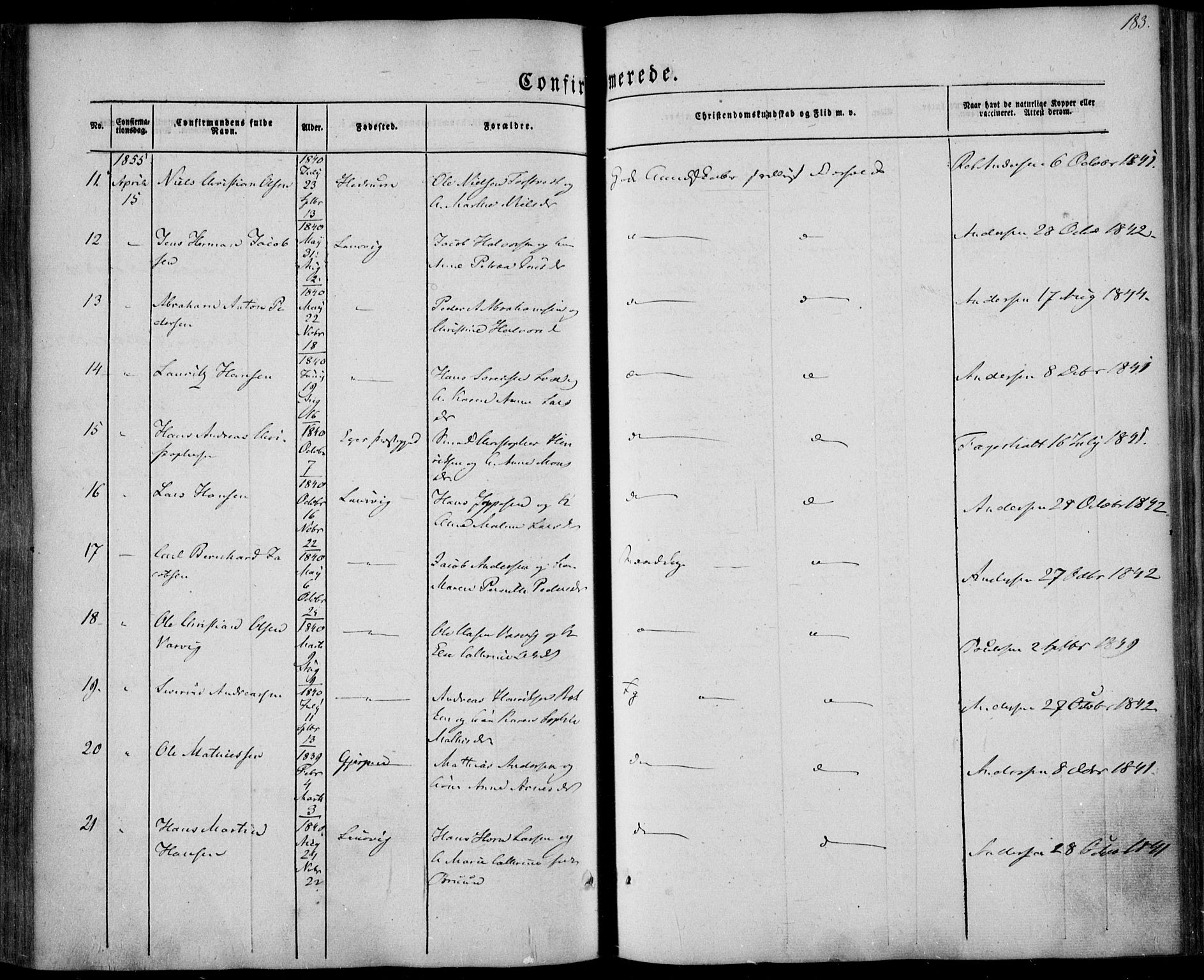 Larvik kirkebøker, AV/SAKO-A-352/F/Fa/L0003: Parish register (official) no. I 3, 1848-1856, p. 183