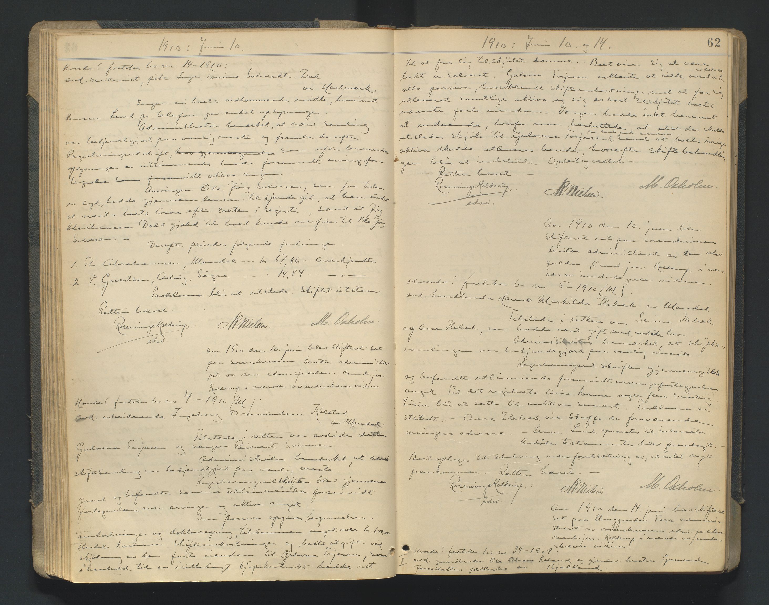 Mandal sorenskriveri, AV/SAK-1221-0005/001/H/Hc/L0081: Skifteforhandlingsprotokoll nr 13, 1909-1913, p. 62