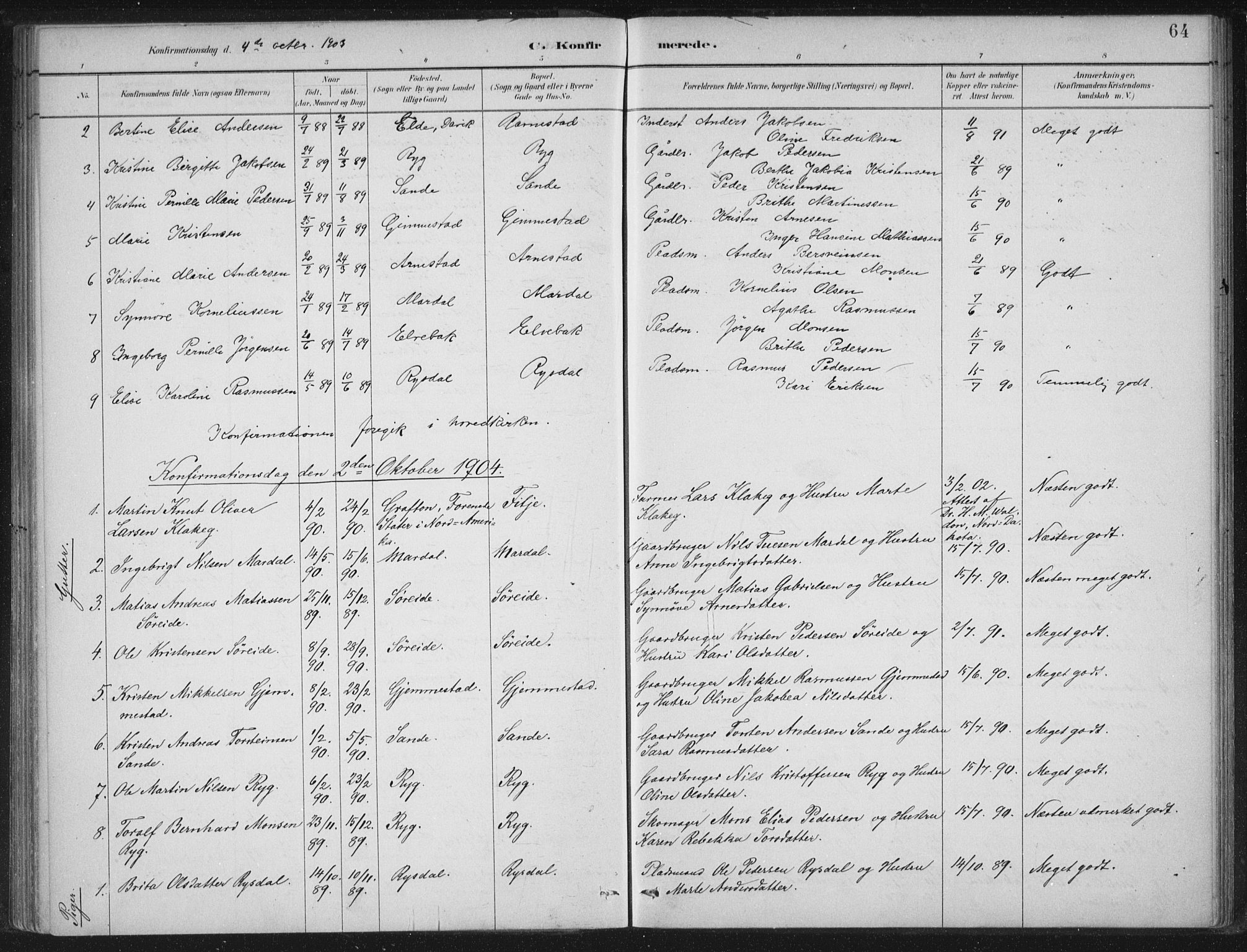 Gloppen sokneprestembete, SAB/A-80101/H/Haa/Haad/L0001: Parish register (official) no. D  1, 1885-1910, p. 64