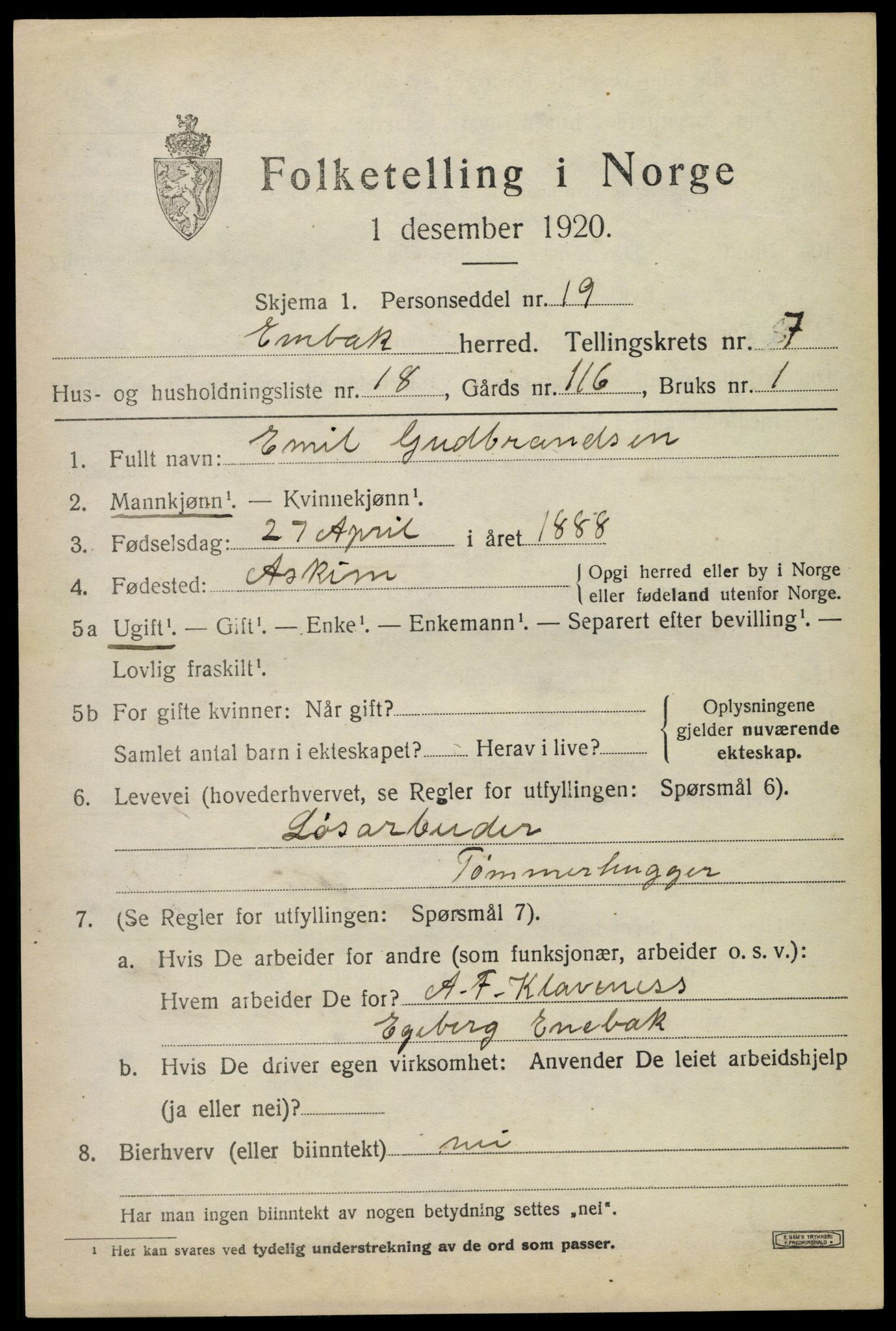 SAO, 1920 census for Enebakk, 1920, p. 6321