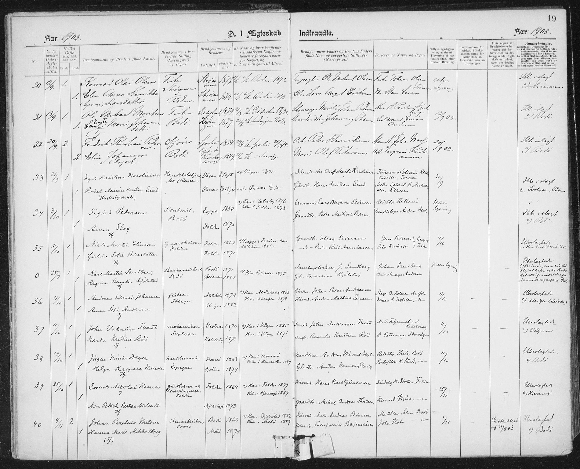 Ministerialprotokoller, klokkerbøker og fødselsregistre - Nordland, SAT/A-1459/801/L0012: Parish register (official) no. 801A12, 1900-1916, p. 19