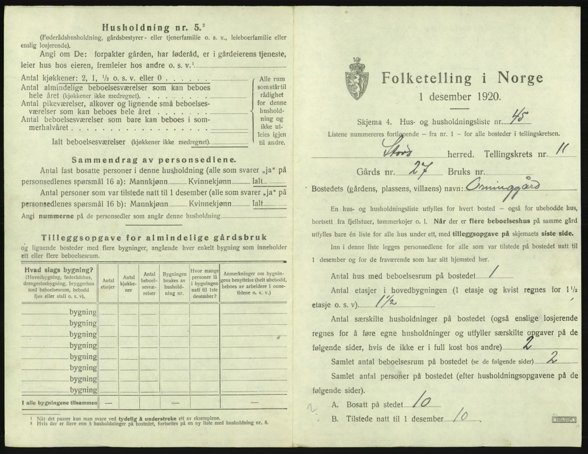 SAB, 1920 census for Stord, 1920, p. 849