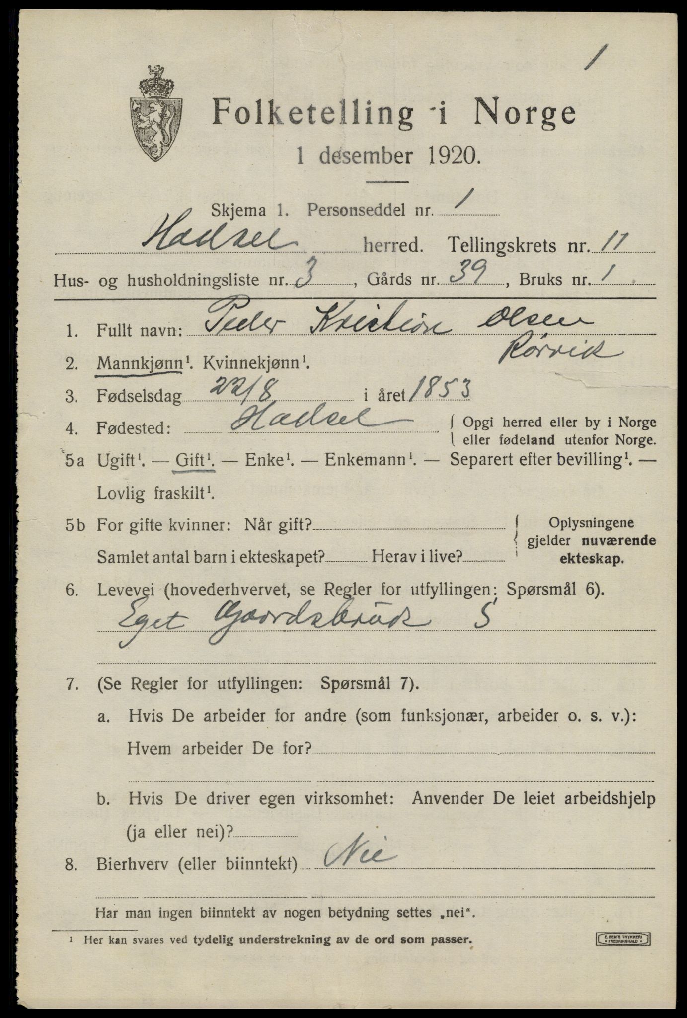 SAT, 1920 census for Hadsel, 1920, p. 8710