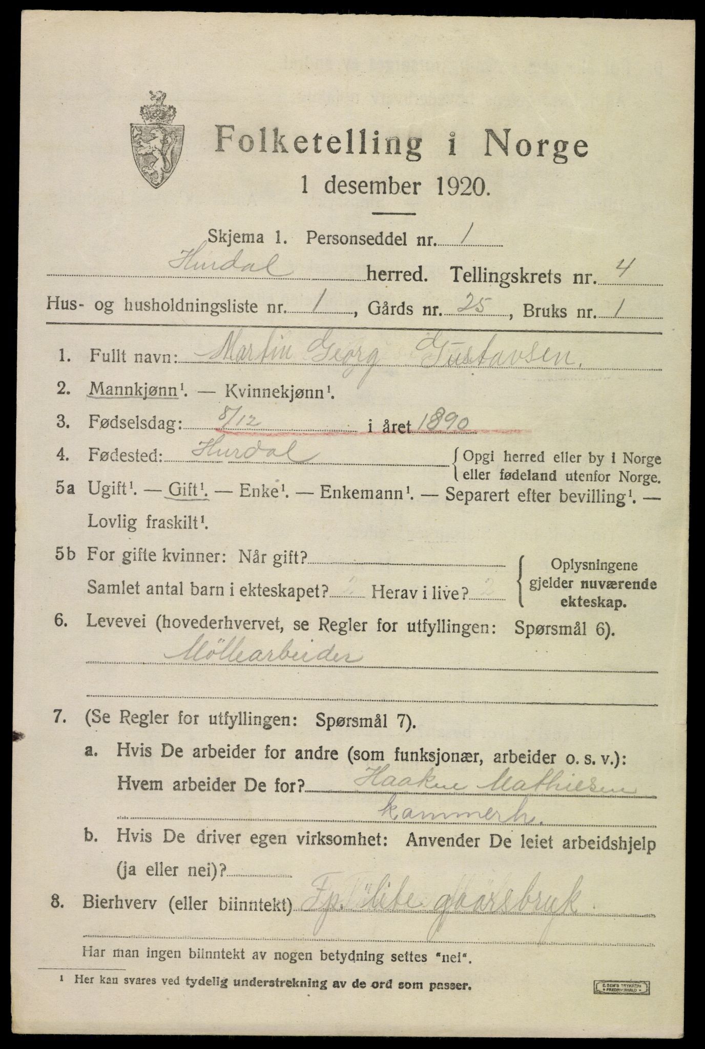 SAO, 1920 census for Hurdal, 1920, p. 2458