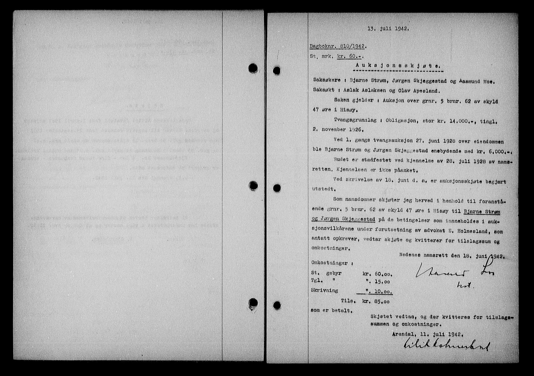 Nedenes sorenskriveri, SAK/1221-0006/G/Gb/Gba/L0049: Mortgage book no. A-III, 1941-1942, Diary no: : 810/1942
