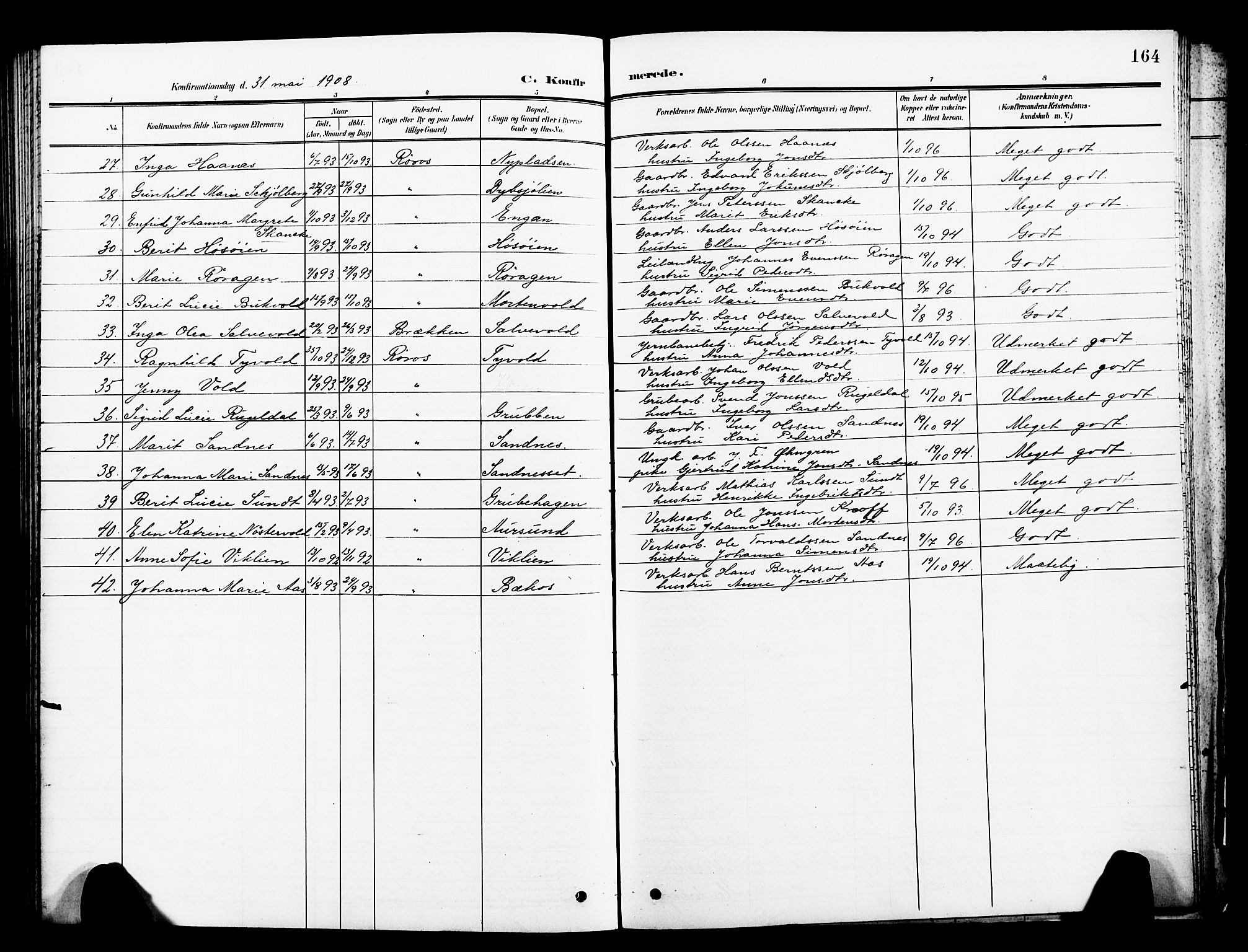 Ministerialprotokoller, klokkerbøker og fødselsregistre - Sør-Trøndelag, AV/SAT-A-1456/681/L0942: Parish register (copy) no. 681C06, 1906-1925, p. 164