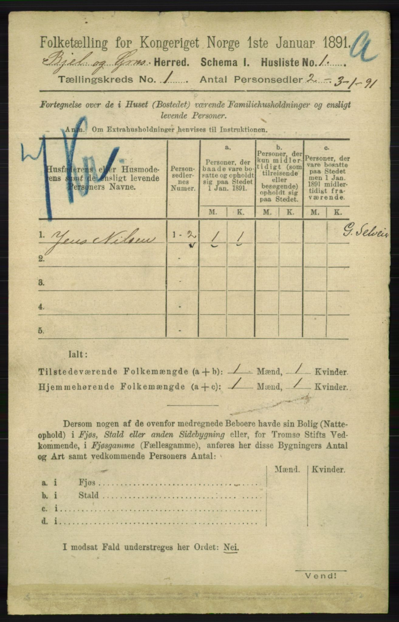 RA, 1891 census for 1024 Bjelland og Grindheim, 1891, p. 22