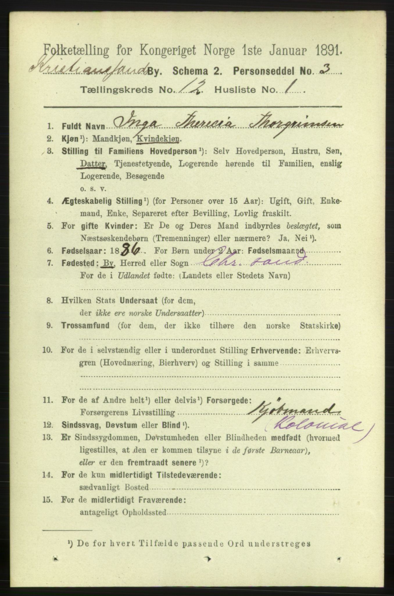 RA, 1891 census for 1001 Kristiansand, 1891, p. 6004