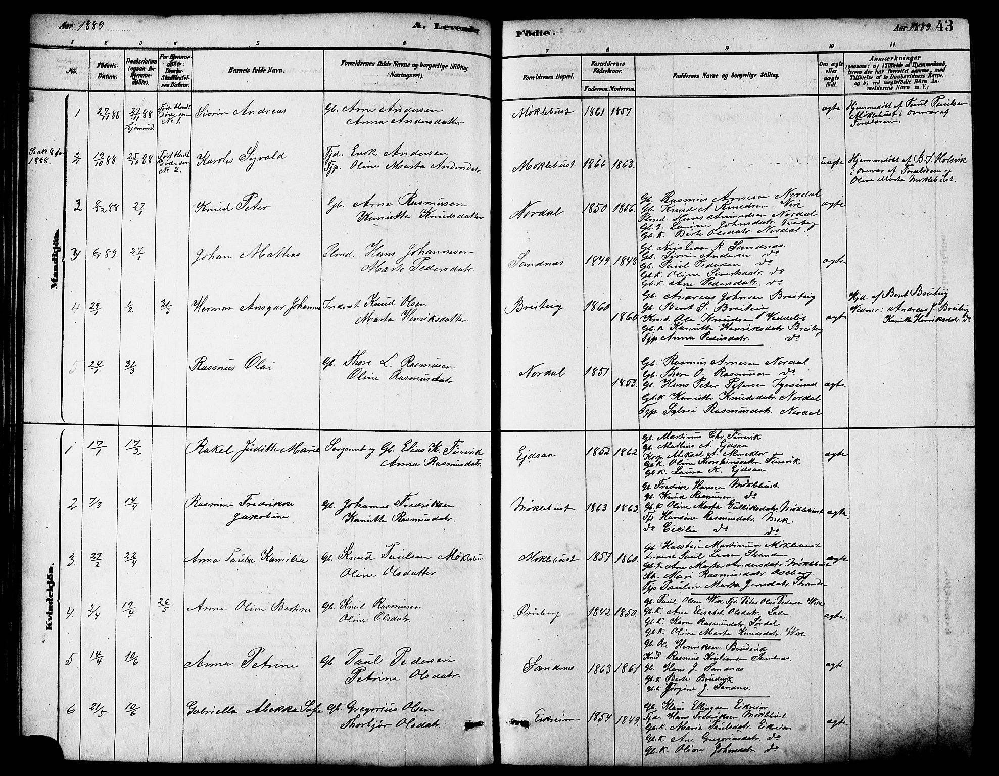 Ministerialprotokoller, klokkerbøker og fødselsregistre - Møre og Romsdal, AV/SAT-A-1454/502/L0027: Parish register (copy) no. 502C01, 1878-1908, p. 43