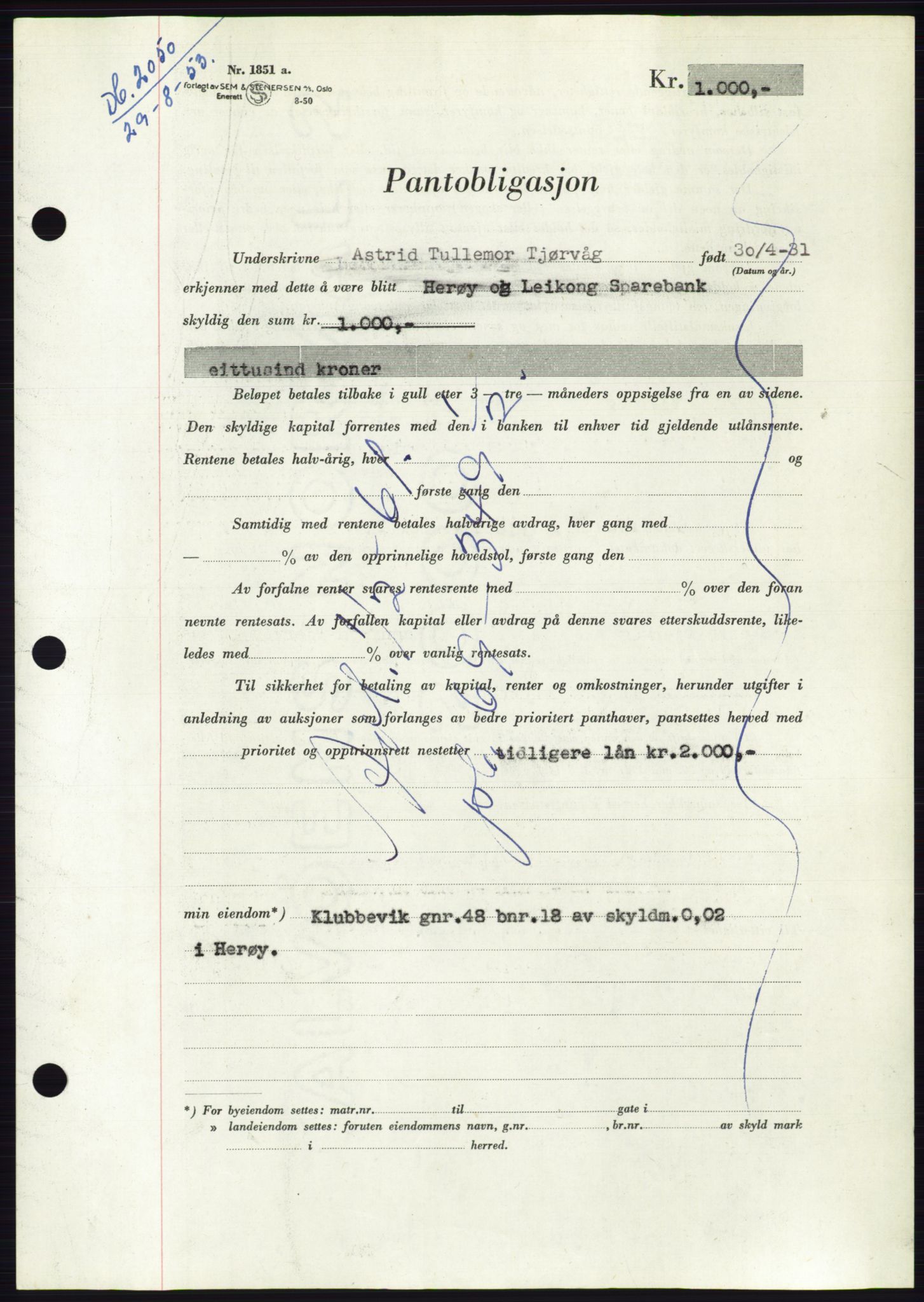 Søre Sunnmøre sorenskriveri, AV/SAT-A-4122/1/2/2C/L0123: Mortgage book no. 11B, 1953-1953, Diary no: : 2050/1953