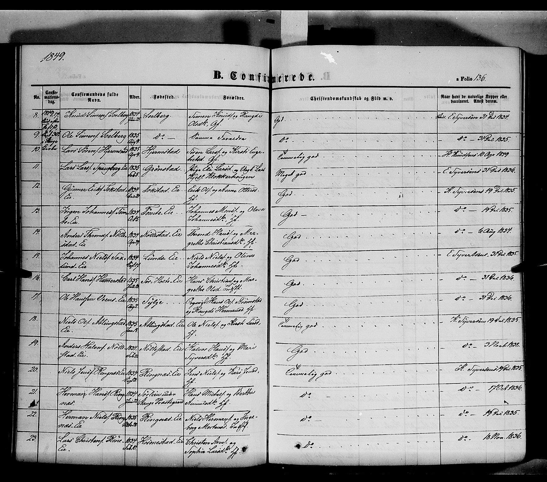 Stange prestekontor, SAH/PREST-002/K/L0011: Parish register (official) no. 11, 1846-1852, p. 136