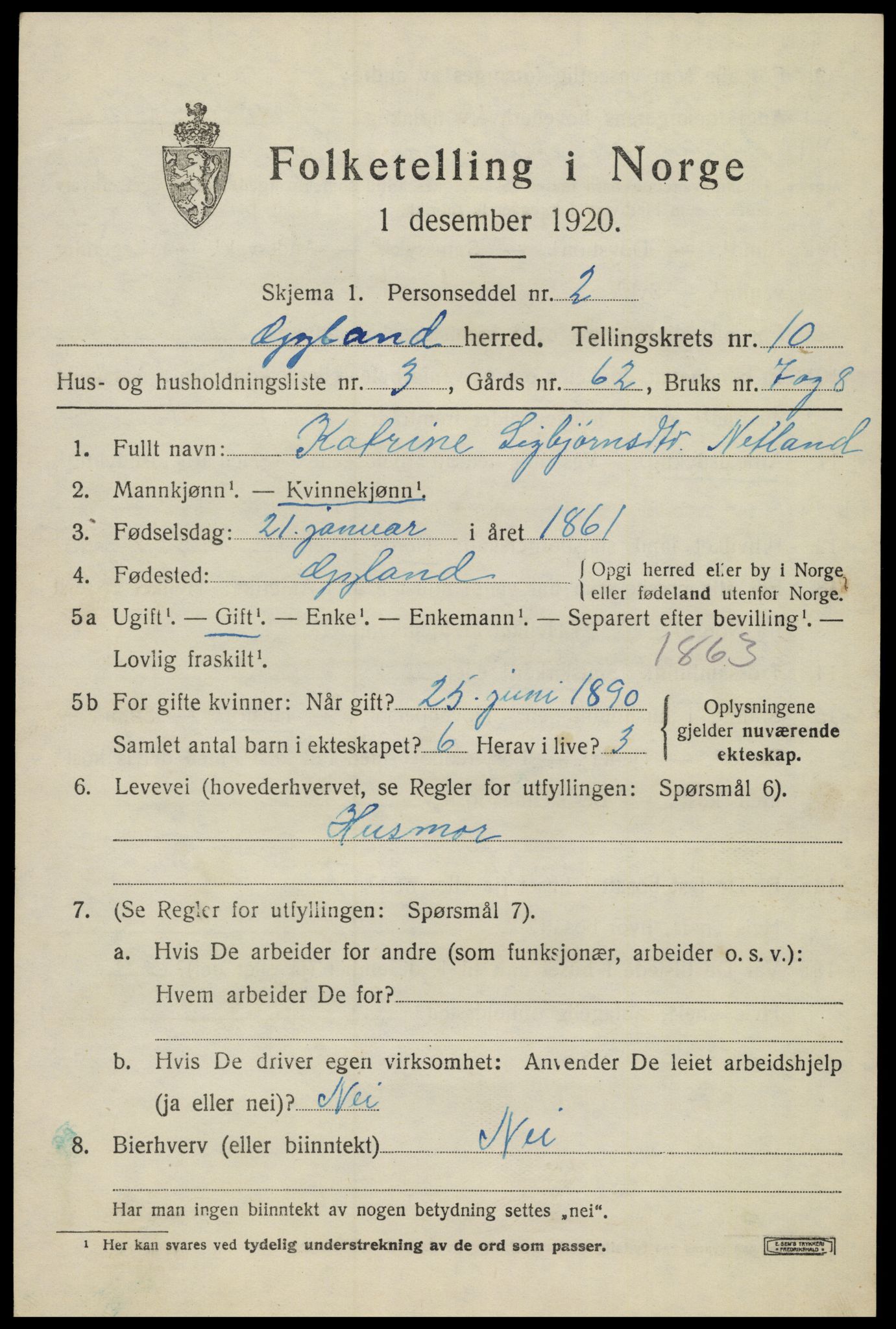 SAK, 1920 census for Gyland, 1920, p. 2196