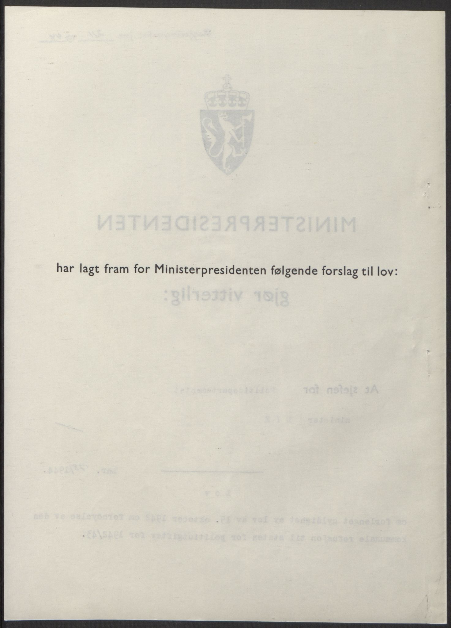 NS-administrasjonen 1940-1945 (Statsrådsekretariatet, de kommisariske statsråder mm), RA/S-4279/D/Db/L0100: Lover, 1944, p. 369