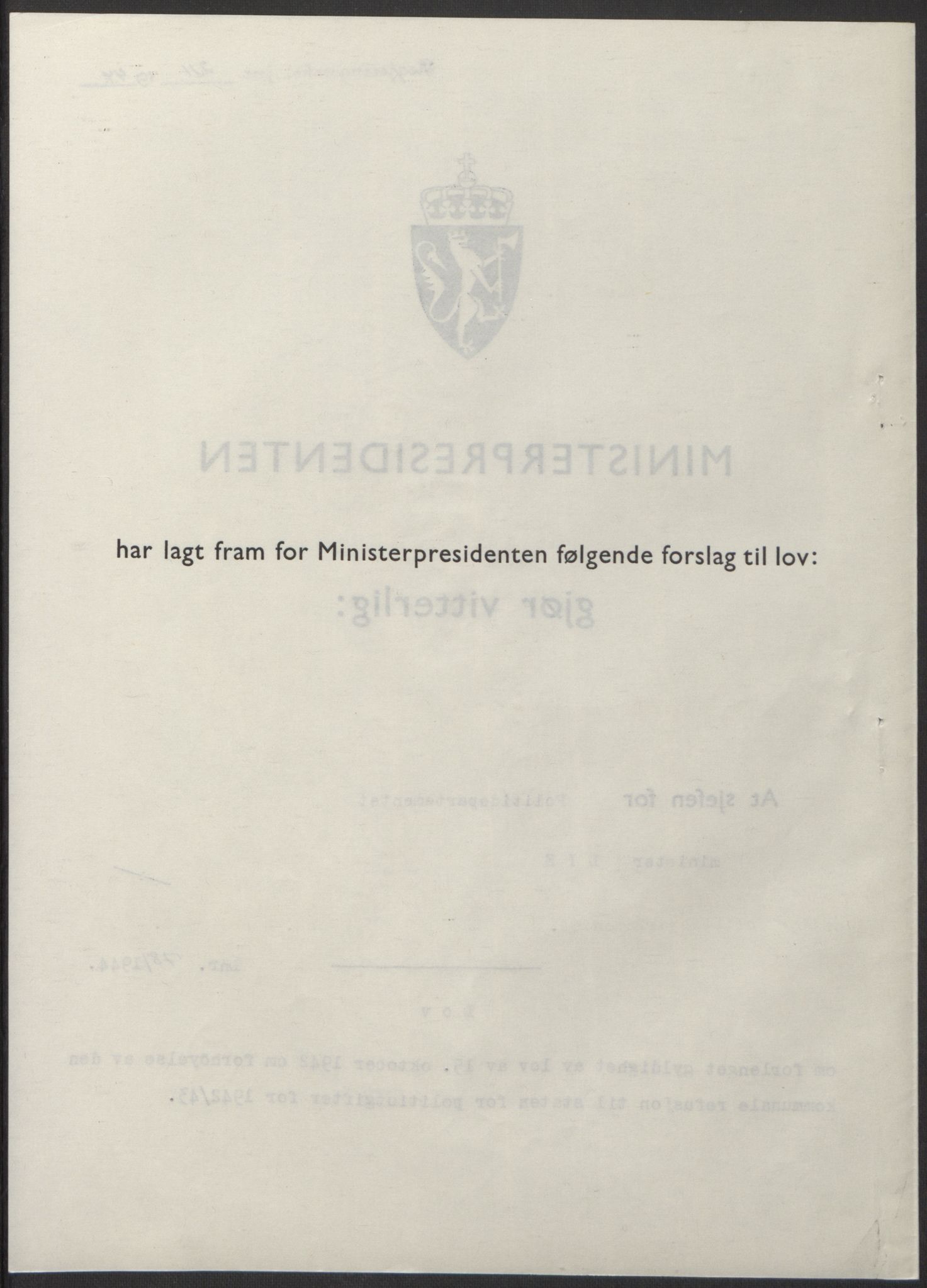 NS-administrasjonen 1940-1945 (Statsrådsekretariatet, de kommisariske statsråder mm), AV/RA-S-4279/D/Db/L0100: Lover, 1944, p. 369