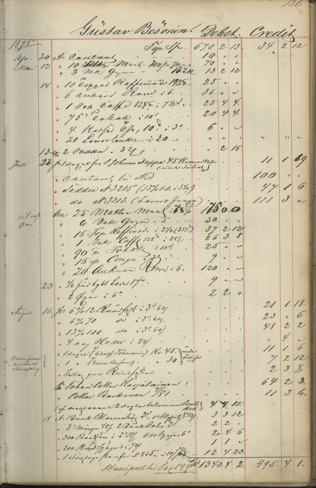 Brodtkorb handel A/S, VAMU/A-0001/F/Fc/L0001/0001: Konto for kvener og nordmenn på Kolahalvøya  / Conto for Kvæner og Nordmænd paa Russefinmarken No 1, 1868-1894, p. 136