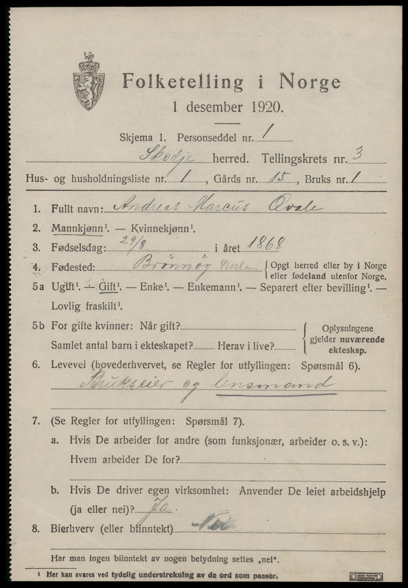 SAT, 1920 census for Skodje, 1920, p. 1409