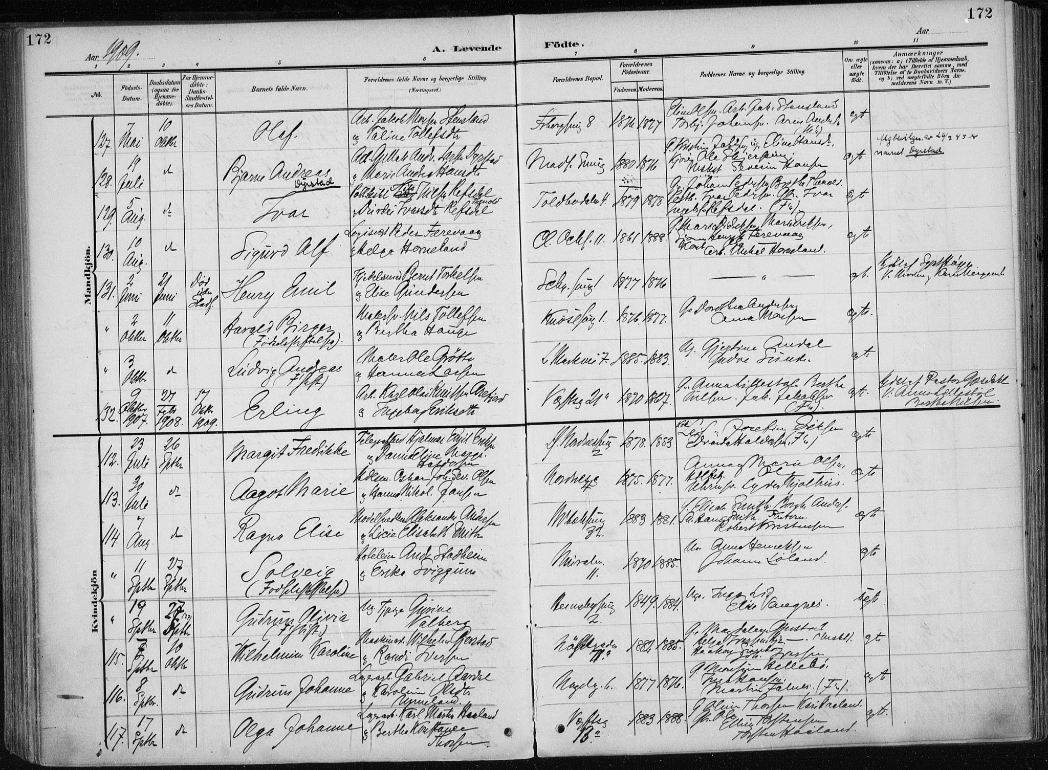 Nykirken Sokneprestembete, AV/SAB-A-77101/H/Haa/L0019: Parish register (official) no. B 7, 1904-1916, p. 172